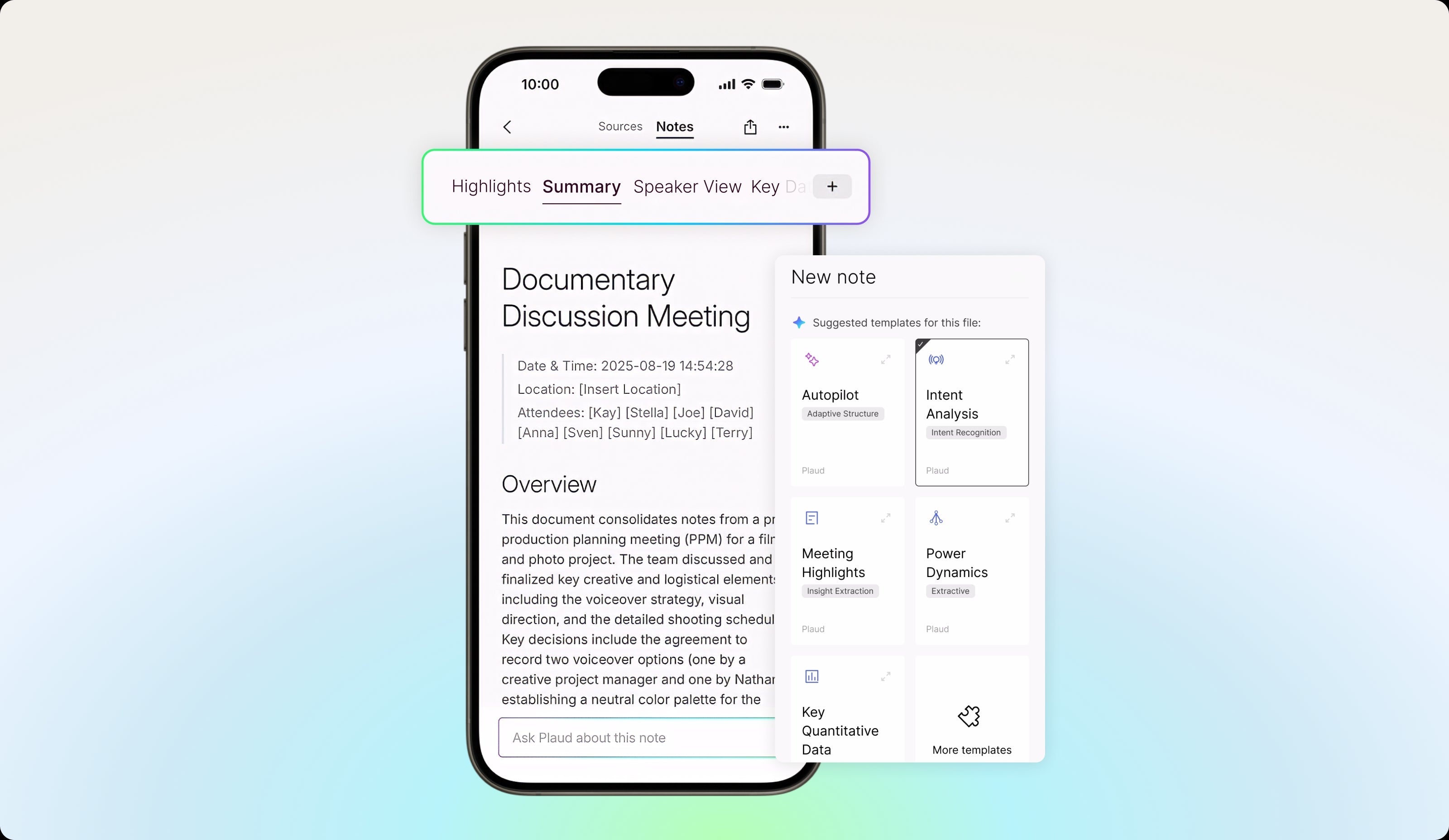 Plaud app interface showing a meeting summary and AI note templates including Autopilot and Intent Analysis.