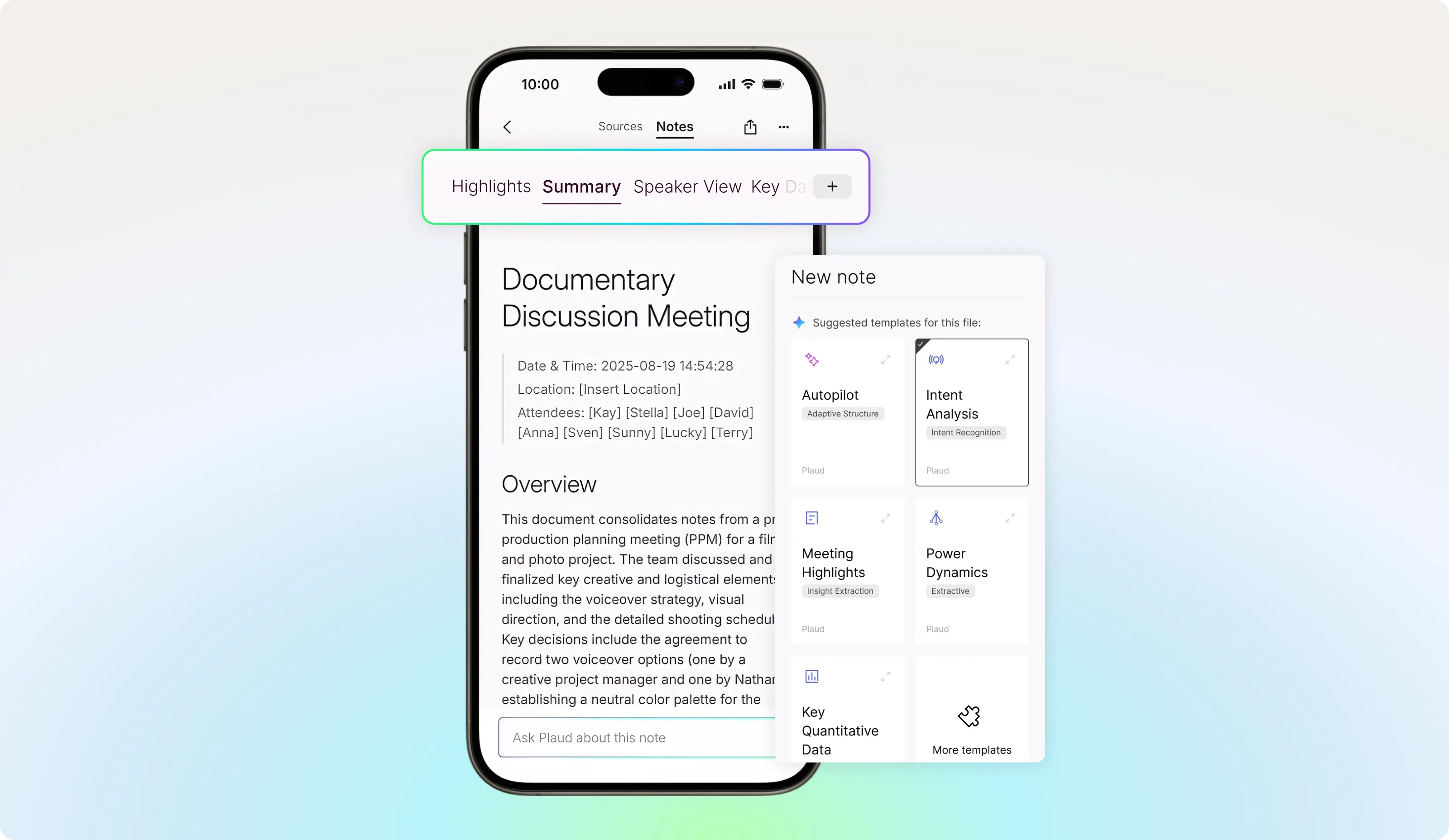 Plaud app UI showing a documentary meeting summary and suggested AI templates like Meeting Highlights and Autopilot.