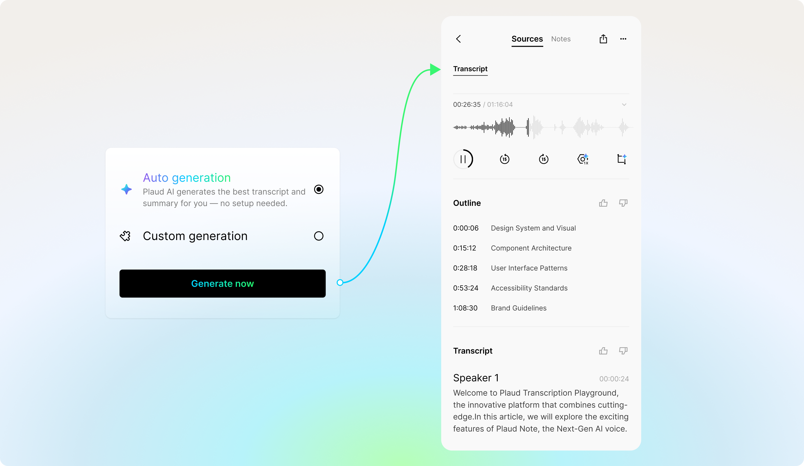 Plaud AI app interface showing auto-generation of transcripts, audio waveforms, and meeting outlines.