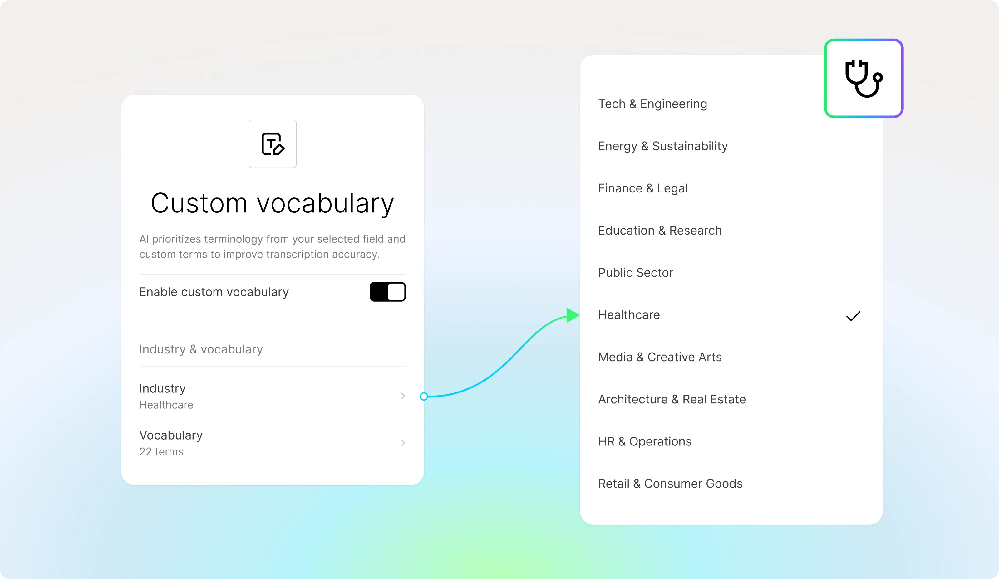 Plaud app UI showing custom vocabulary settings with Healthcare industry selected for specialized AI transcription.