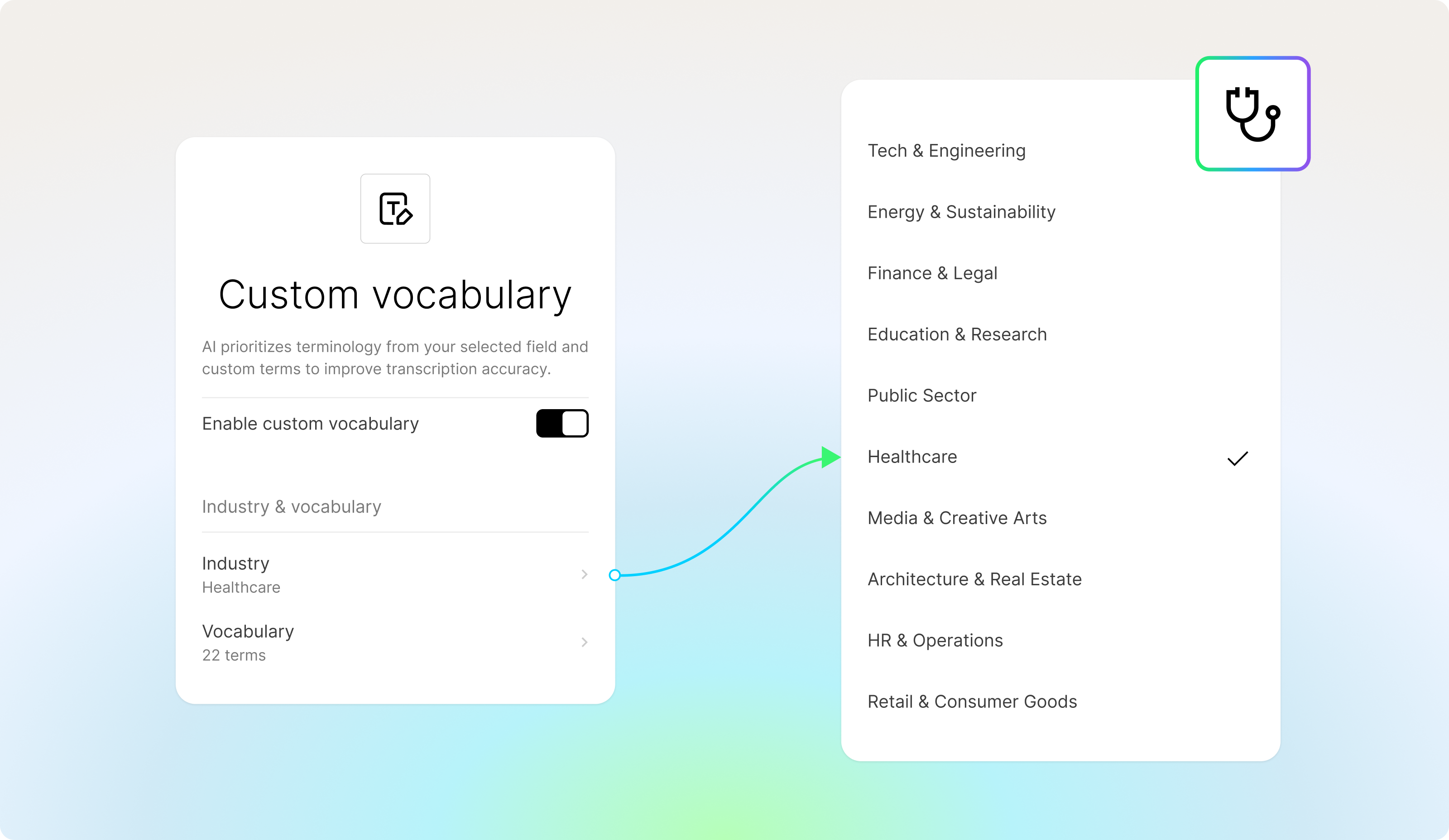 Plaud app UI showing custom vocabulary settings with industry selection to improve transcription accuracy.