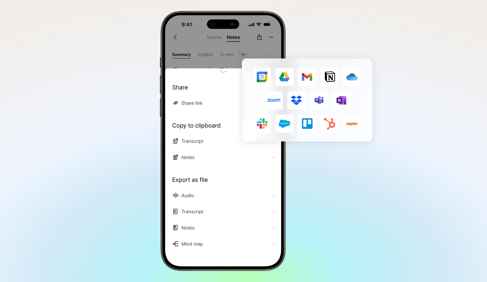 PLAUD app UI showing export and sharing options with integrations for Slack, Zoom, Notion, and more.