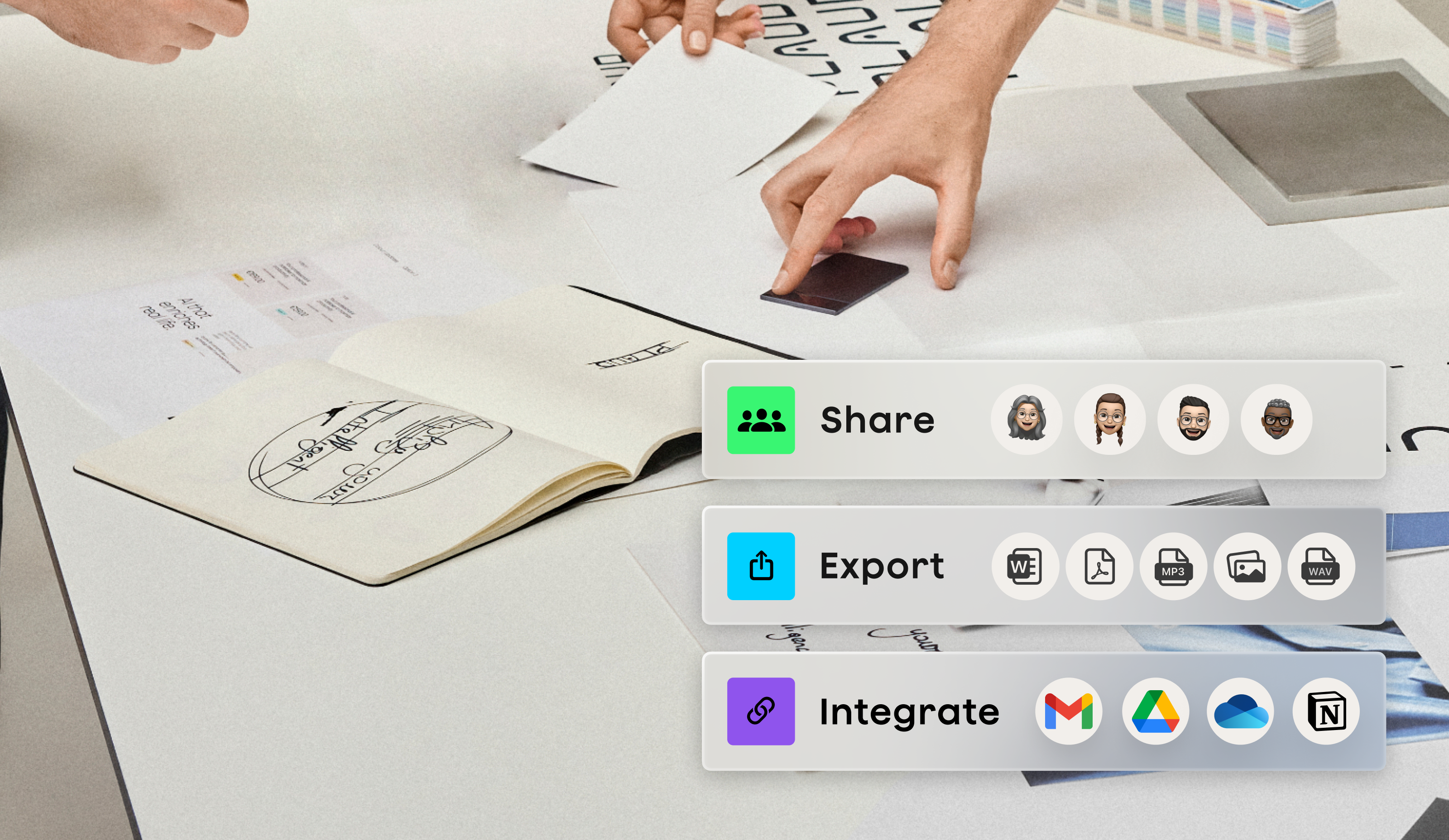 Share, export, and integrate Plaud Note recordings with apps like Notion, Gmail, and Google Drive.