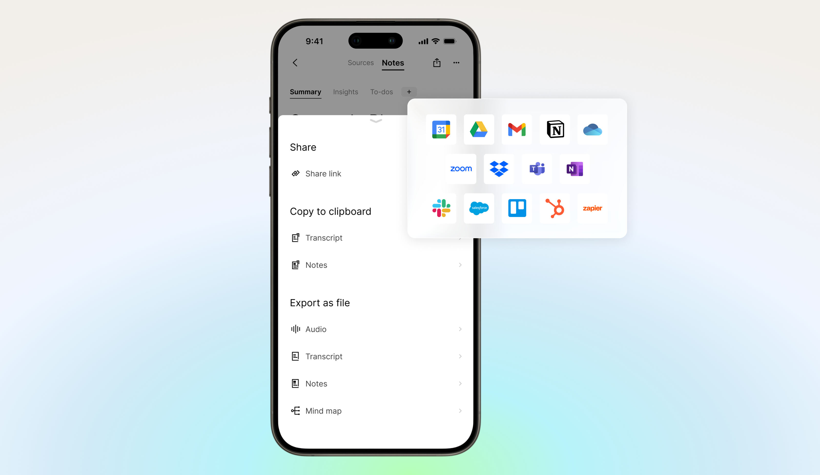 PLAUD app interface showing note export options and integrations with tools like Notion, Slack, and Google Drive.