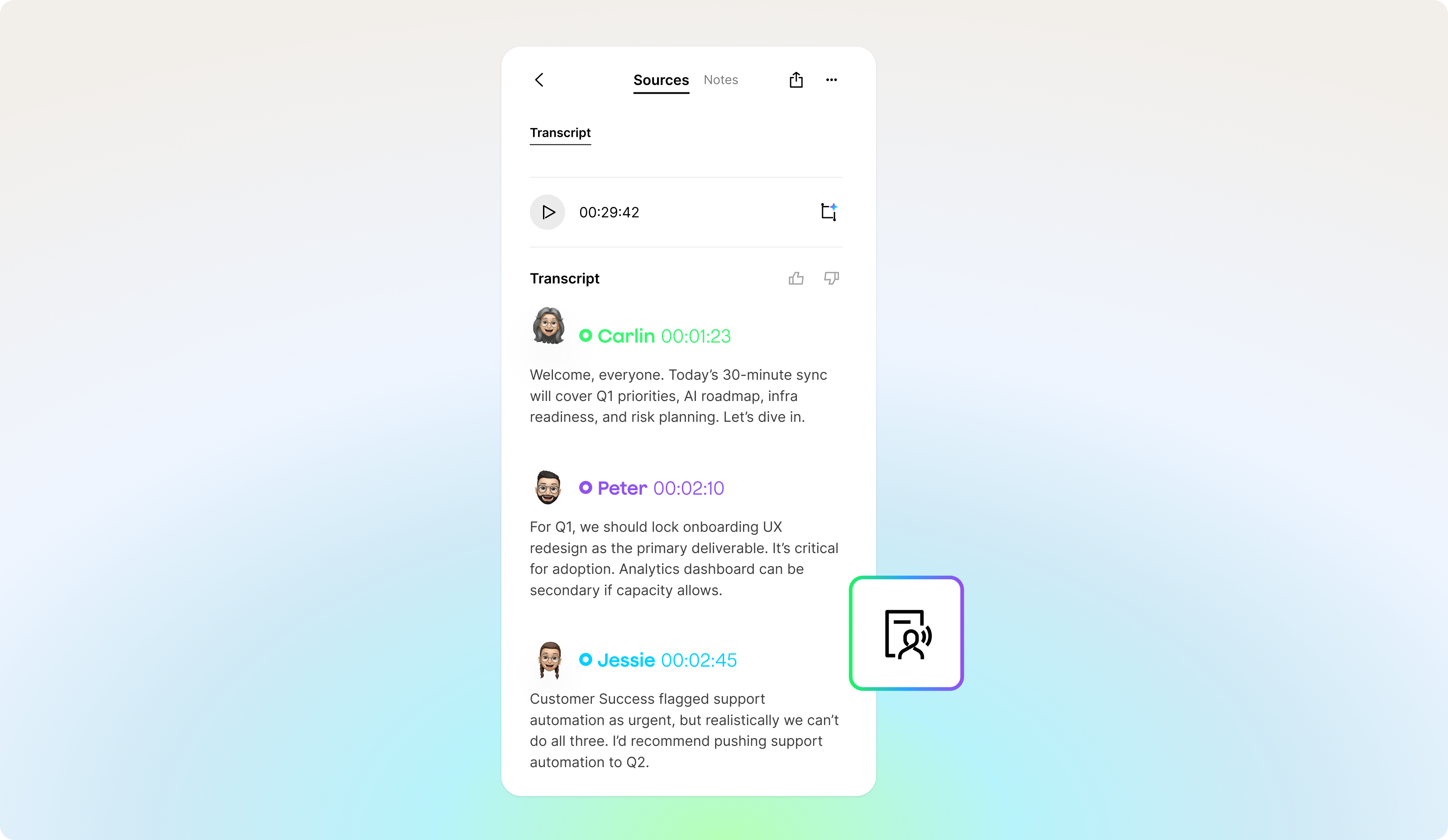 PLAUD app interface showing a multi-speaker meeting transcript with timestamps and speaker identification.