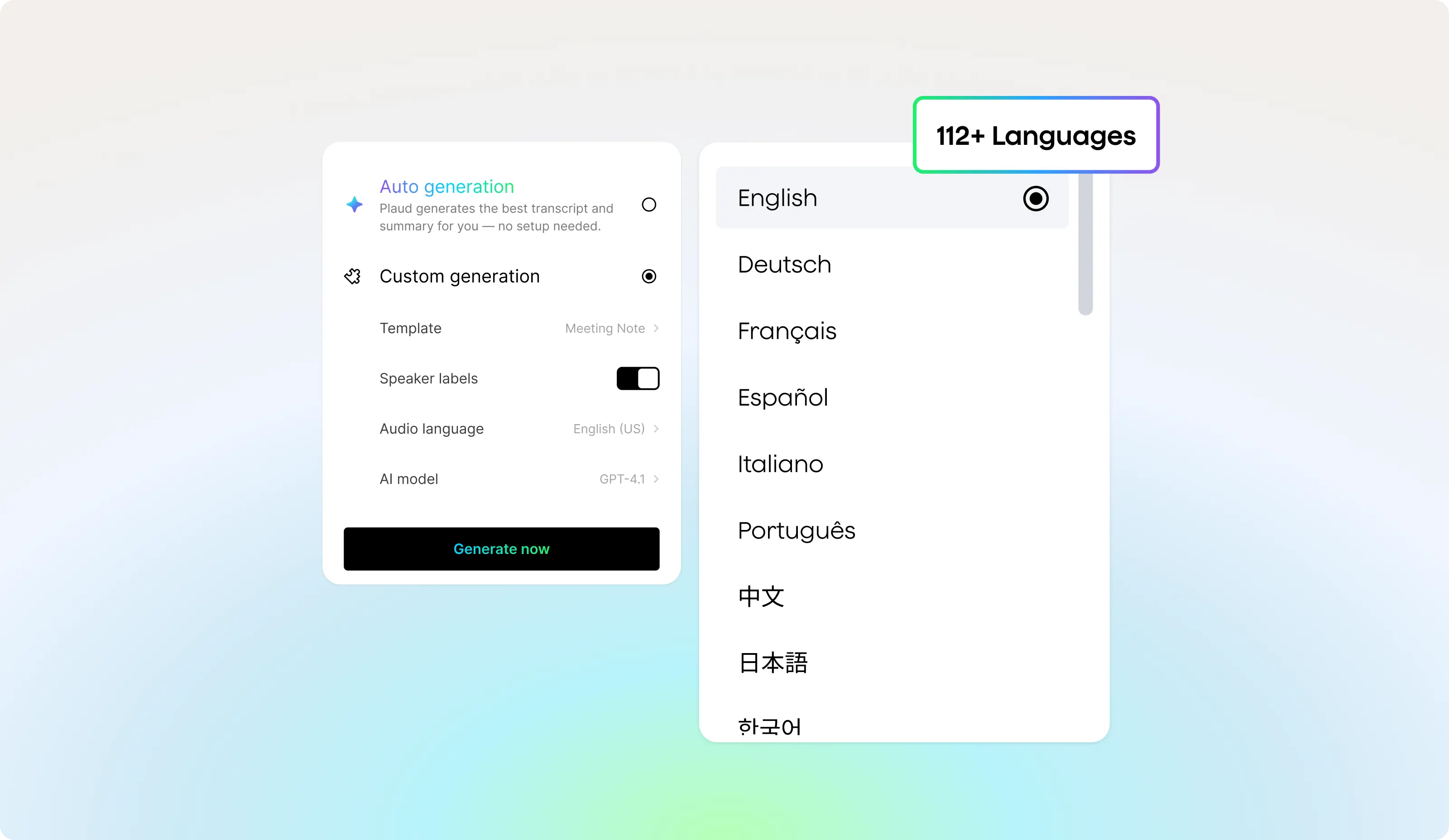 Plaud app UI showing custom generation settings and a dropdown menu with 112+ supported transcription languages.