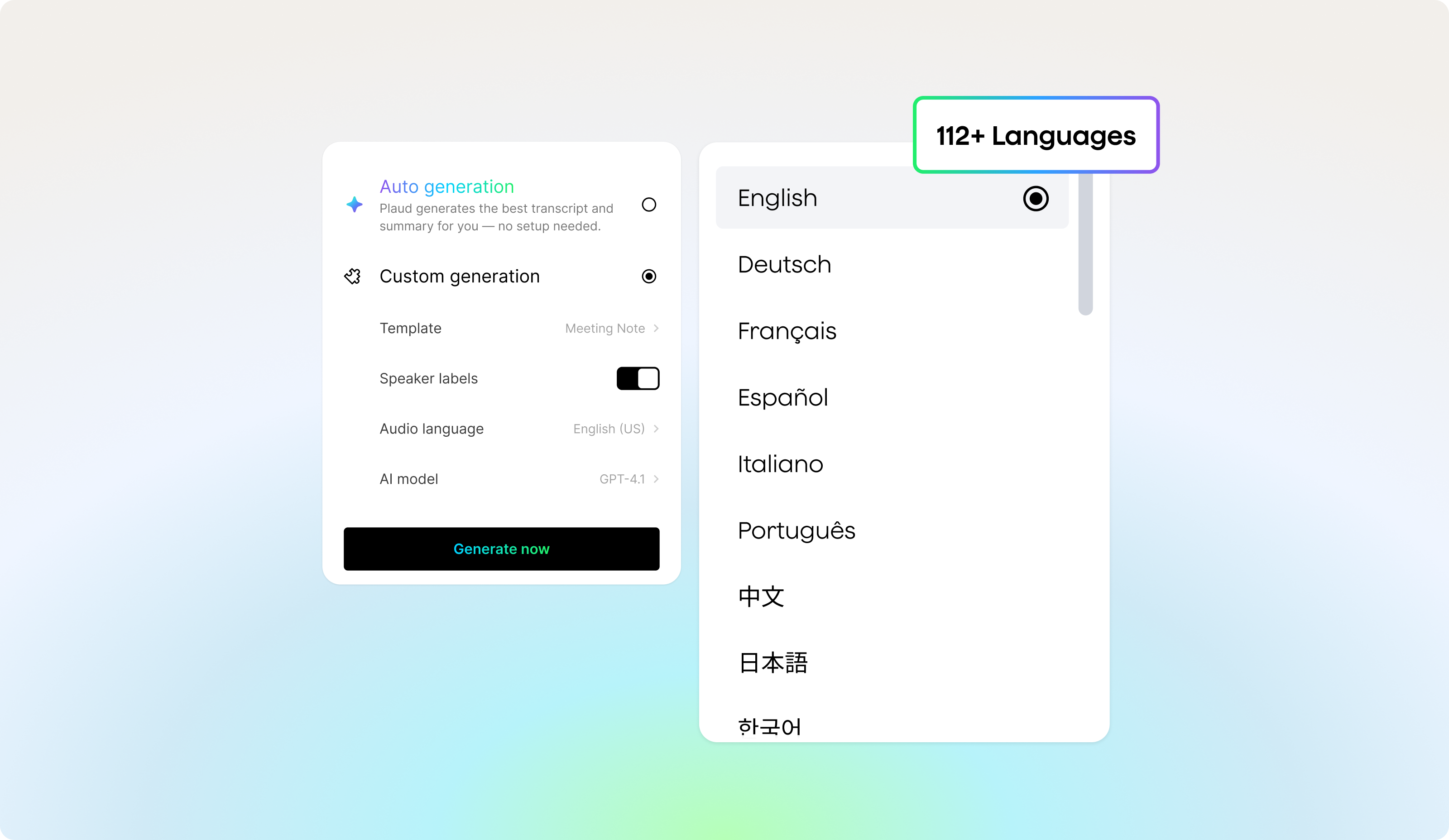 Plaud Intelligence app interface showing custom generation settings and support for 112+ transcription languages.