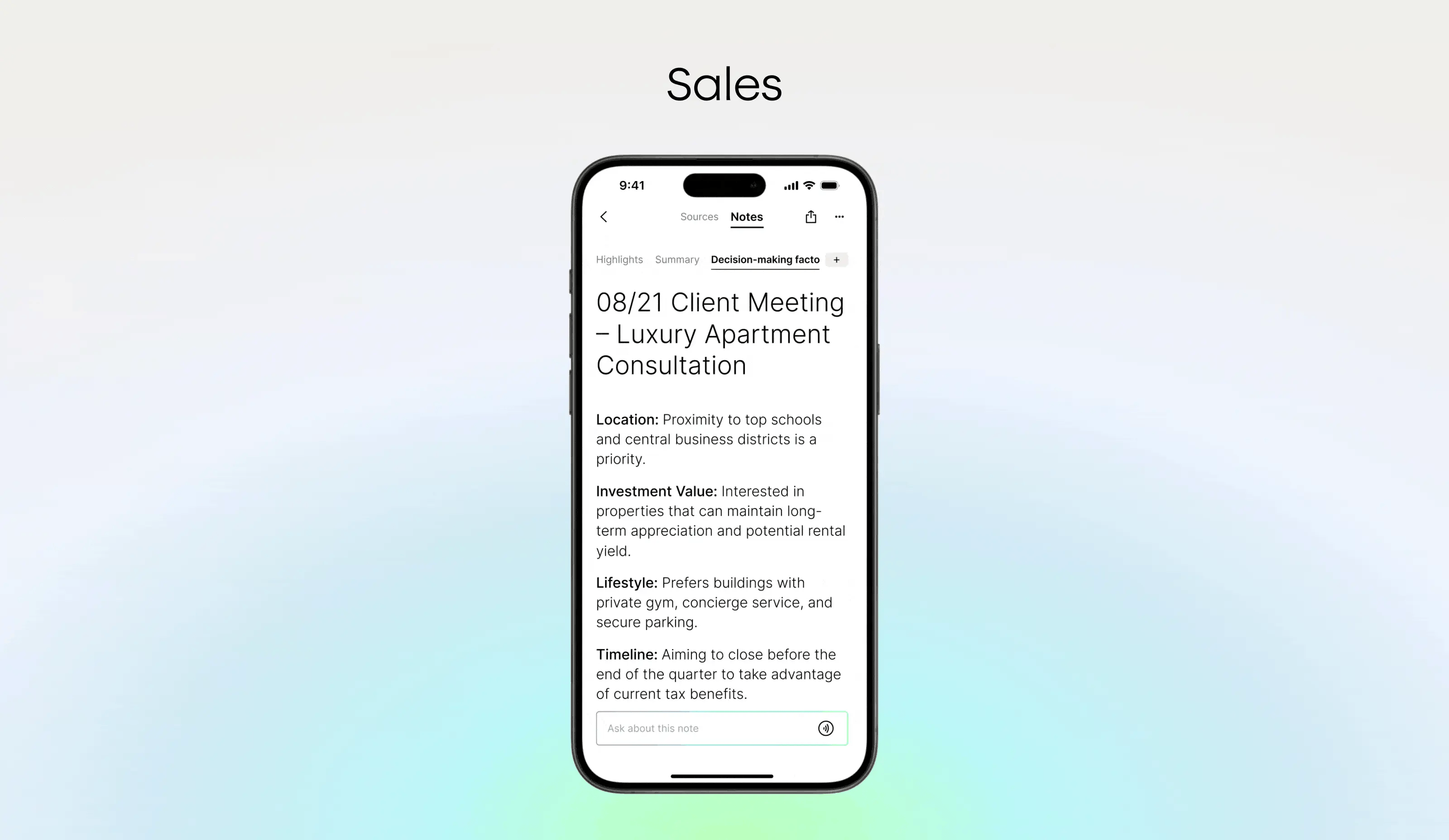 Plaud app on a smartphone showing AI-generated sales meeting notes for a luxury apartment consultation.