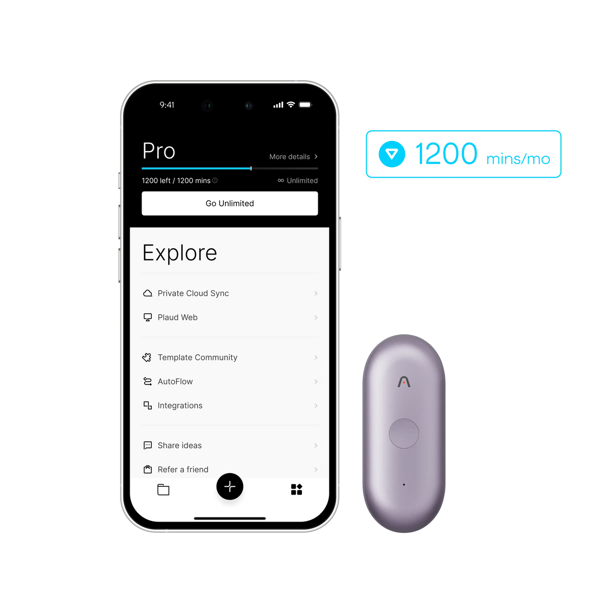 Plaud NotePin and app interface highlighting the Pro plan's 1200 monthly transcription minutes.