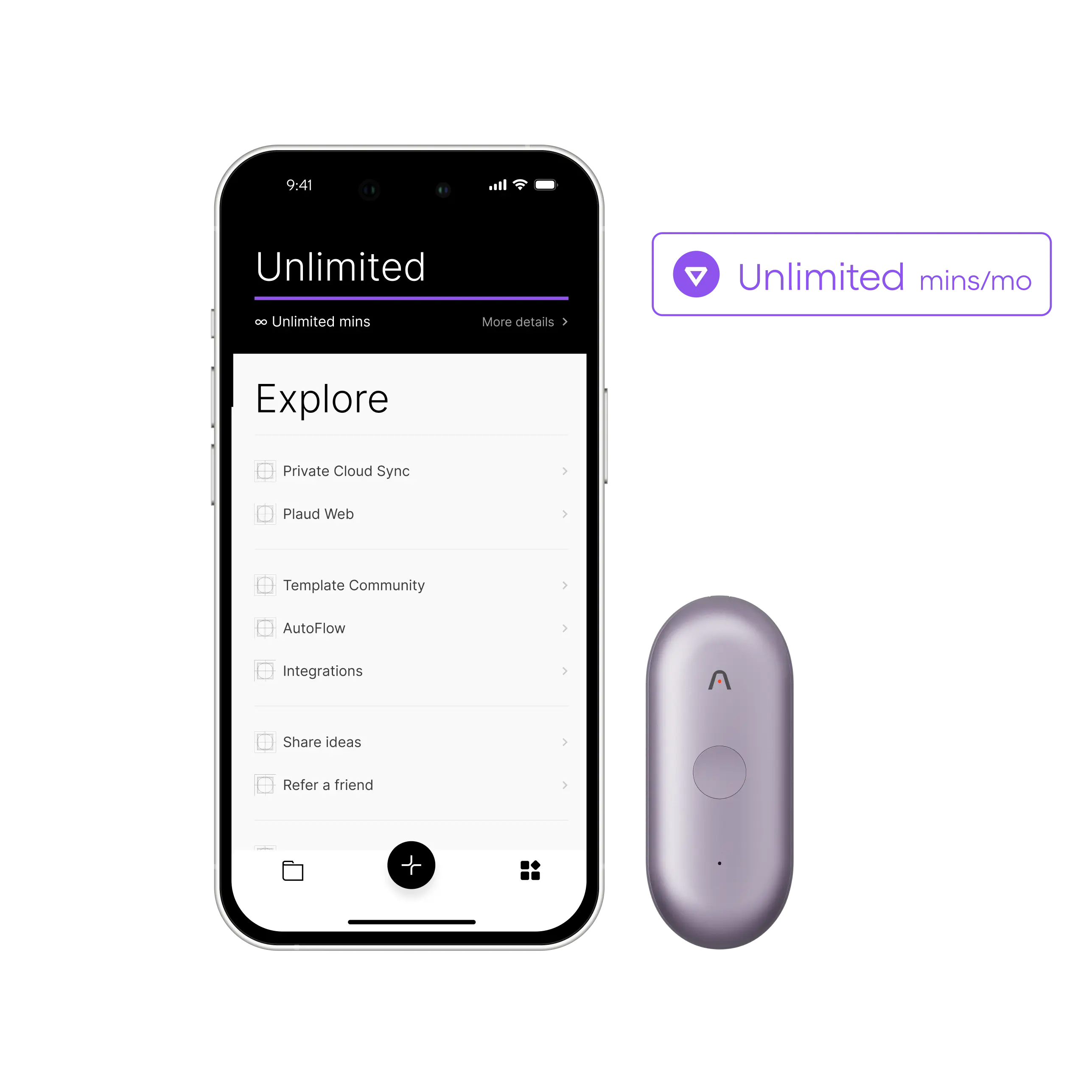 Smartphone displaying Plaud app with unlimited minutes plan next to a purple Plaud NotePin device.
