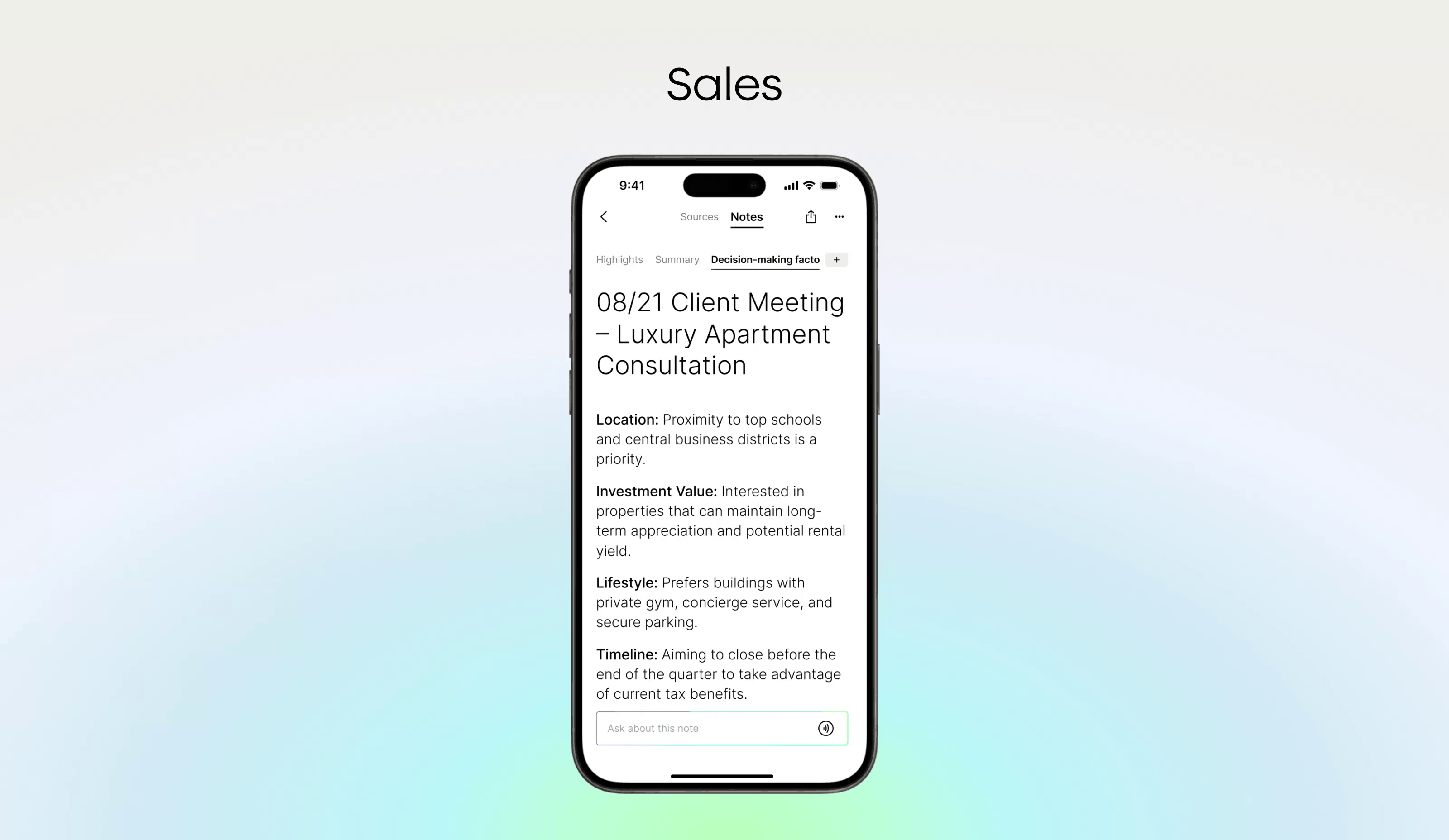 PLAUD app showing summarized sales meeting notes for a luxury apartment consultation with key decision-making factors.