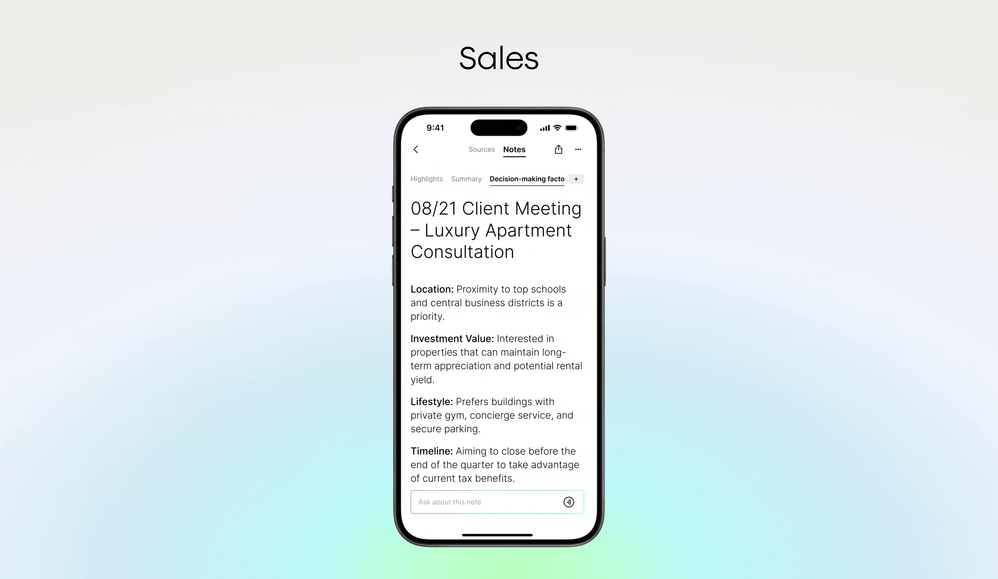 Plaud app UI on a smartphone showing AI-generated sales meeting notes for a luxury apartment consultation.