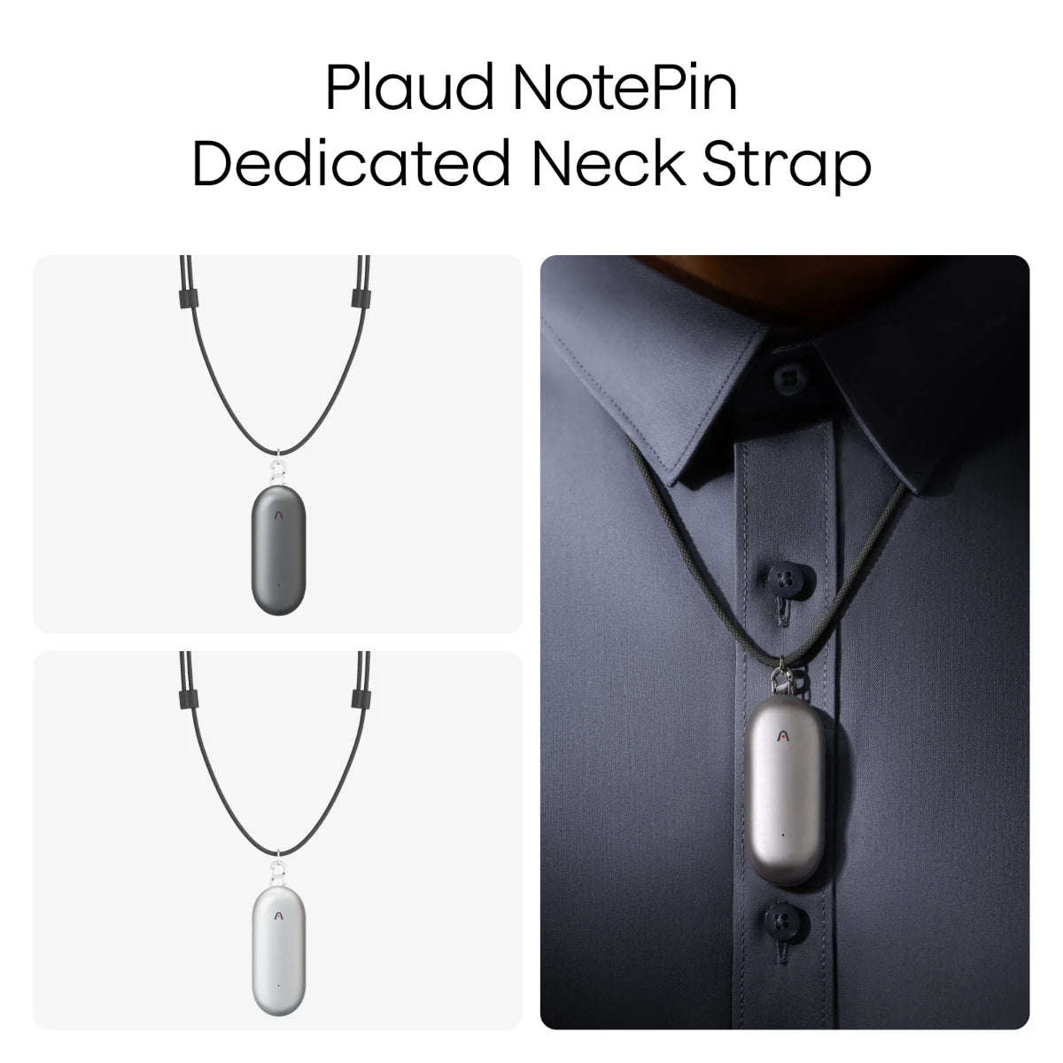 Plaud NotePin Dedicated Neck Strap in silver and grey, shown standalone and worn over a collared shirt.