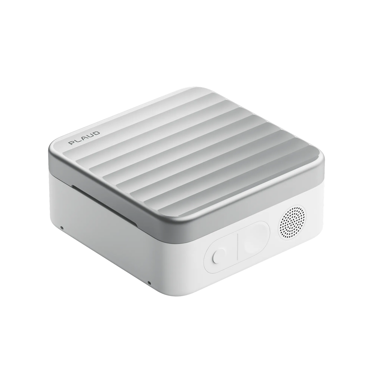 A compact, square-shaped white and silver electronic device featuring a ridged top surface, speaker grille, and two circular buttons on the front. The Plaud One branding is displayed in the top left corner. Be among the first to experience Plaud One—join the waitlist or pre-order yours today.