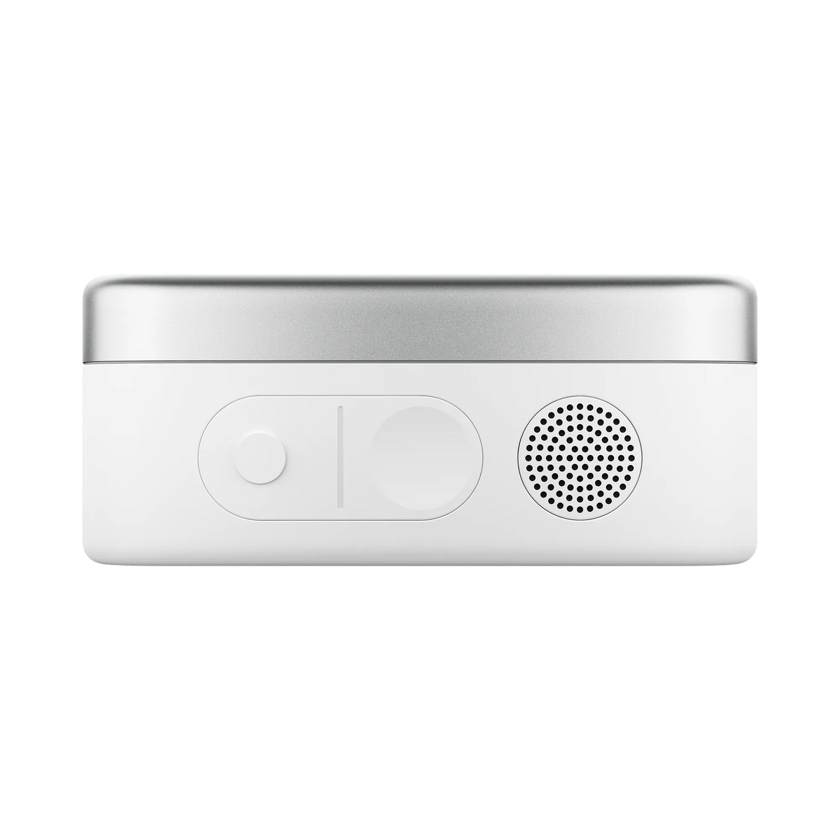 A sleek, rectangular white and silver electronic device—Plaud One—is shown from the front, distinguished by a circular button on the left, a circular vent or speaker on the right, and a vertical line running through its center. Presented against a clean white background, Plaud One is now available for pre-order or you can join the waitlist to be among the first to discover its innovative features.