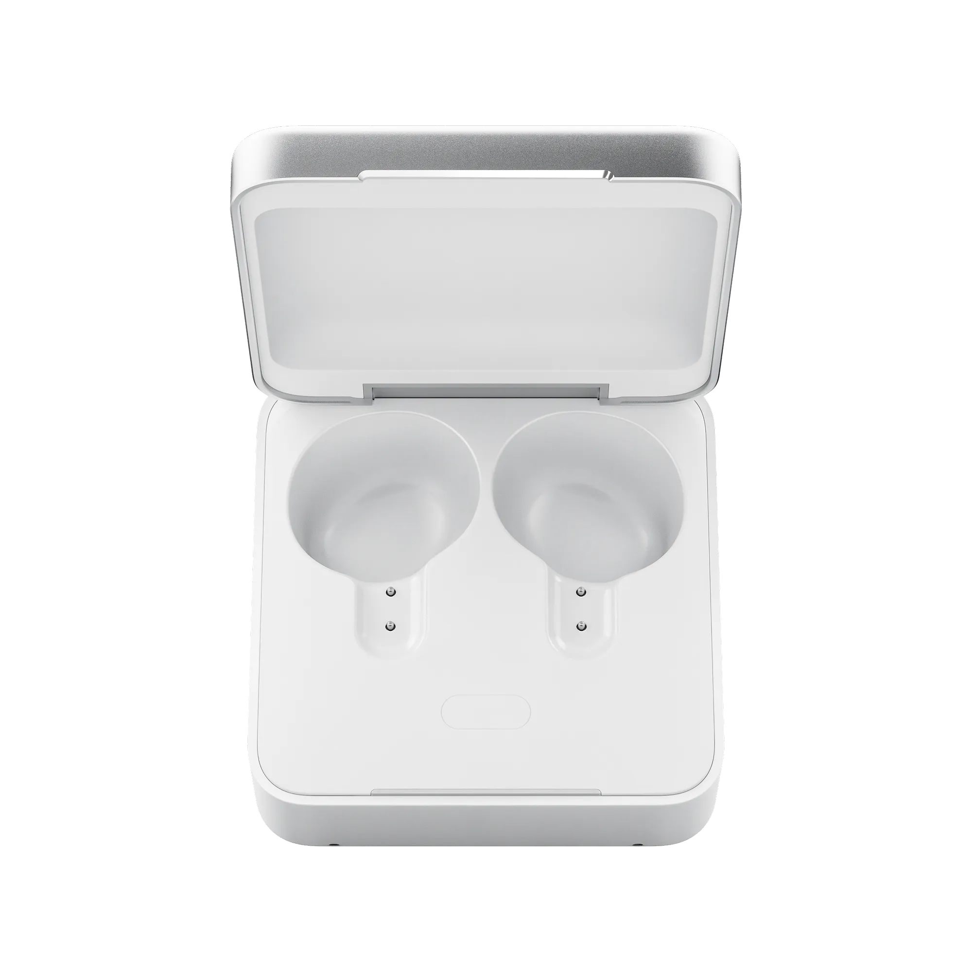 Plaud One wireless earbuds case opened, revealing two empty slots and metal charging connectors against a plain white background—the ideal scene for those looking to join the waitlist or pre-order their Plaud One.