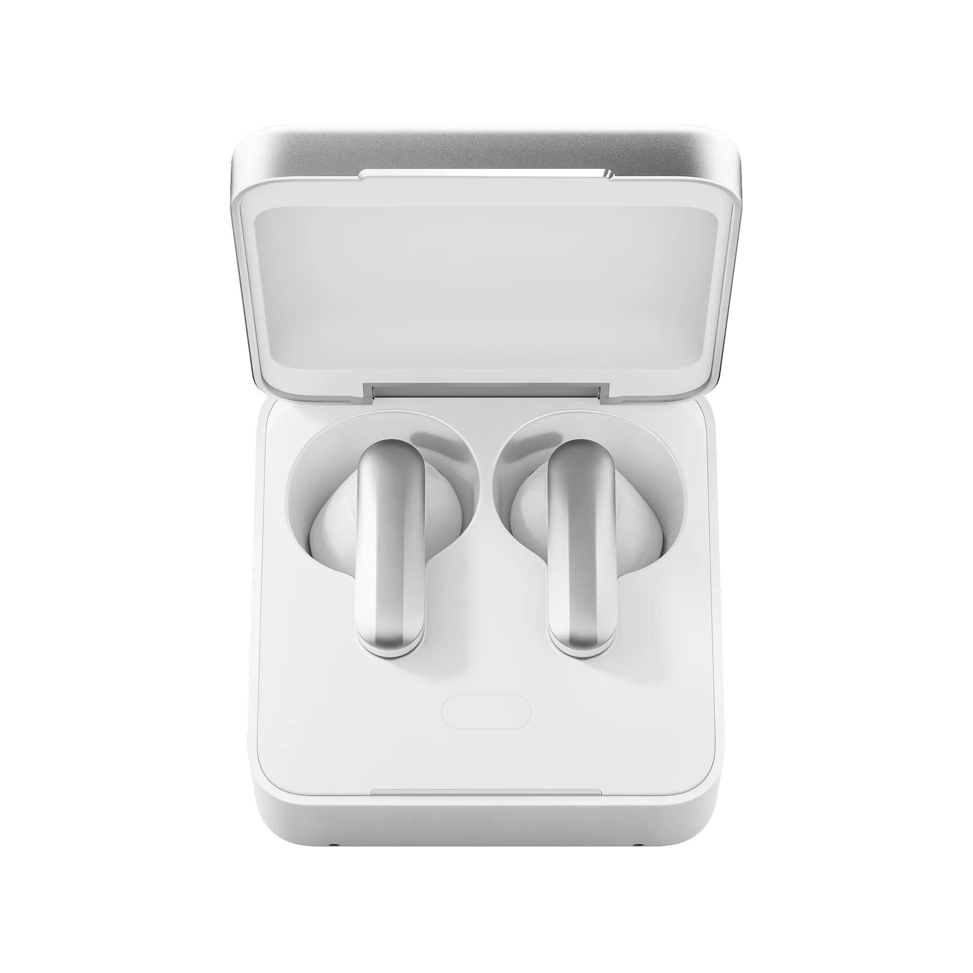 A pair of Plaud One white wireless earbuds rest inside their matching charging case with the lid open, captured from above on a plain white background. Ideal for tech enthusiasts, Plaud One is now available for pre-order in limited quantities.