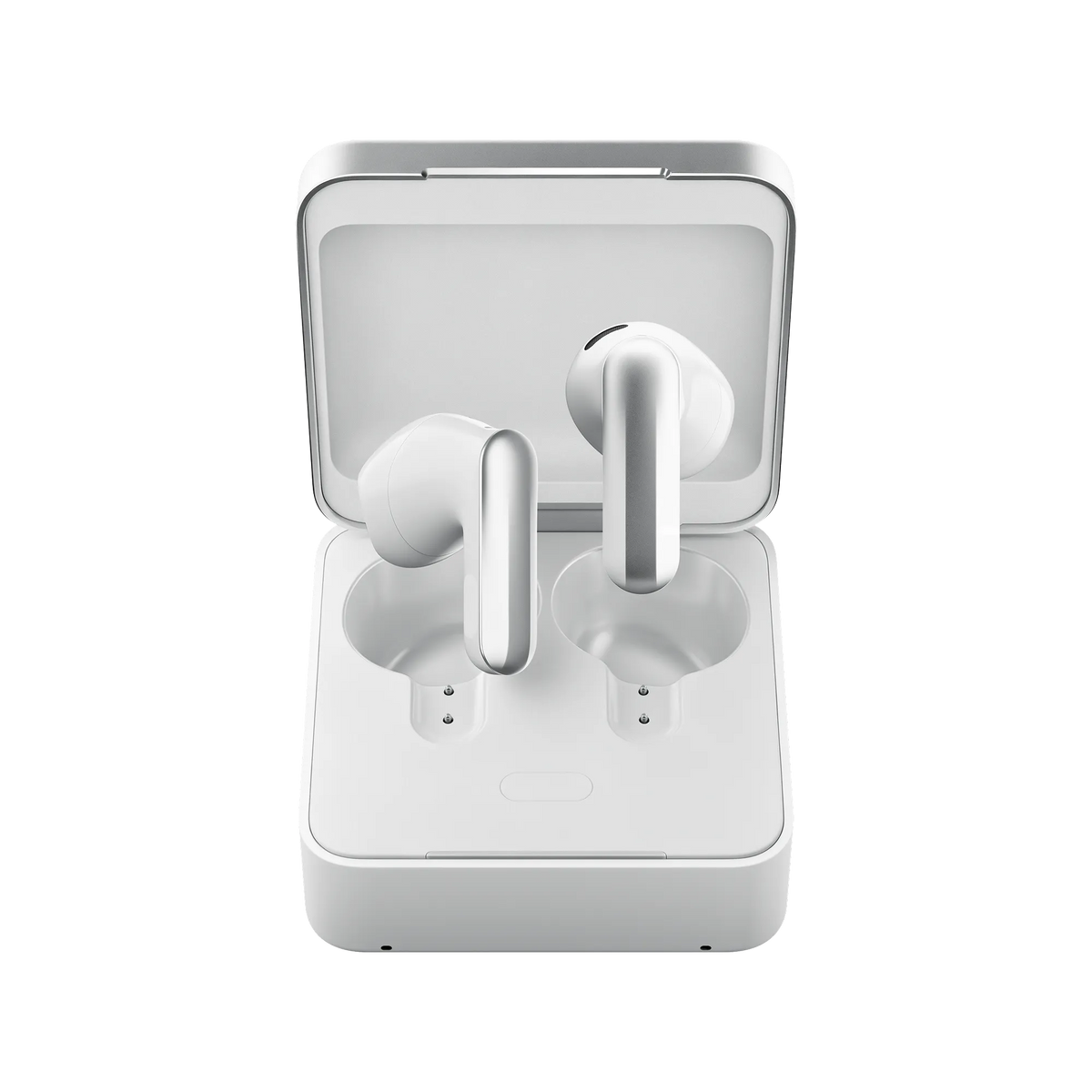 A pair of white Plaud One wireless earbuds rest inside an open, matching charging case, viewed from above against a simple light background—an elegant image of this inventory-limited product now open for pre-order.