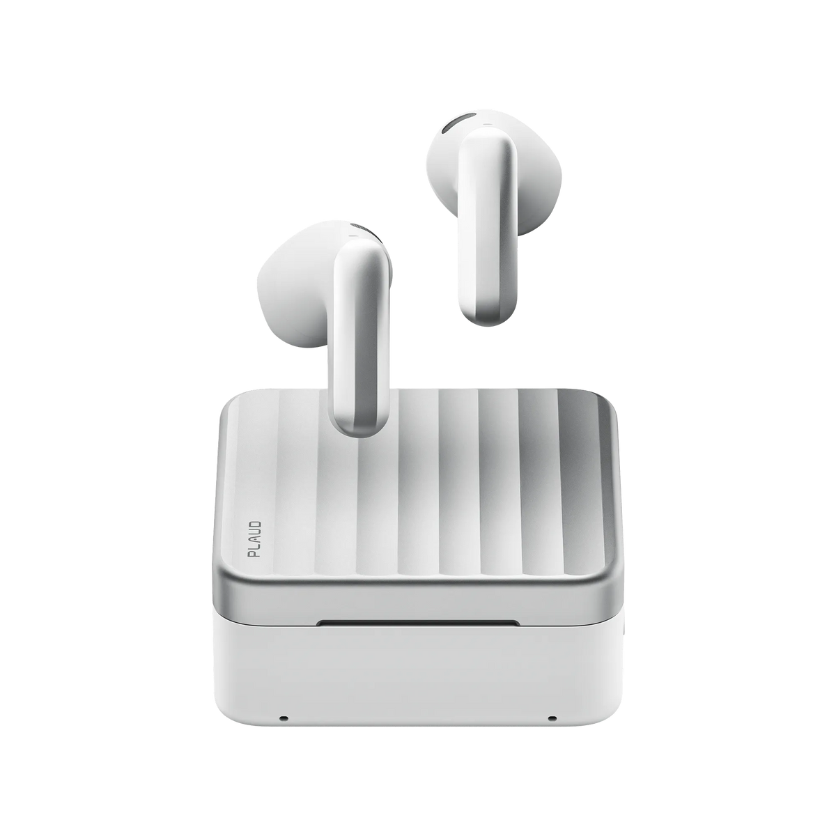 Two white Plaud One wireless earbuds are shown above a matching compact, rectangular charging case featuring a metallic, ridged lid. The modern, minimalistic design stands out against a plain light background. This exclusive Plaud One release is available for pre-order in limited quantities.