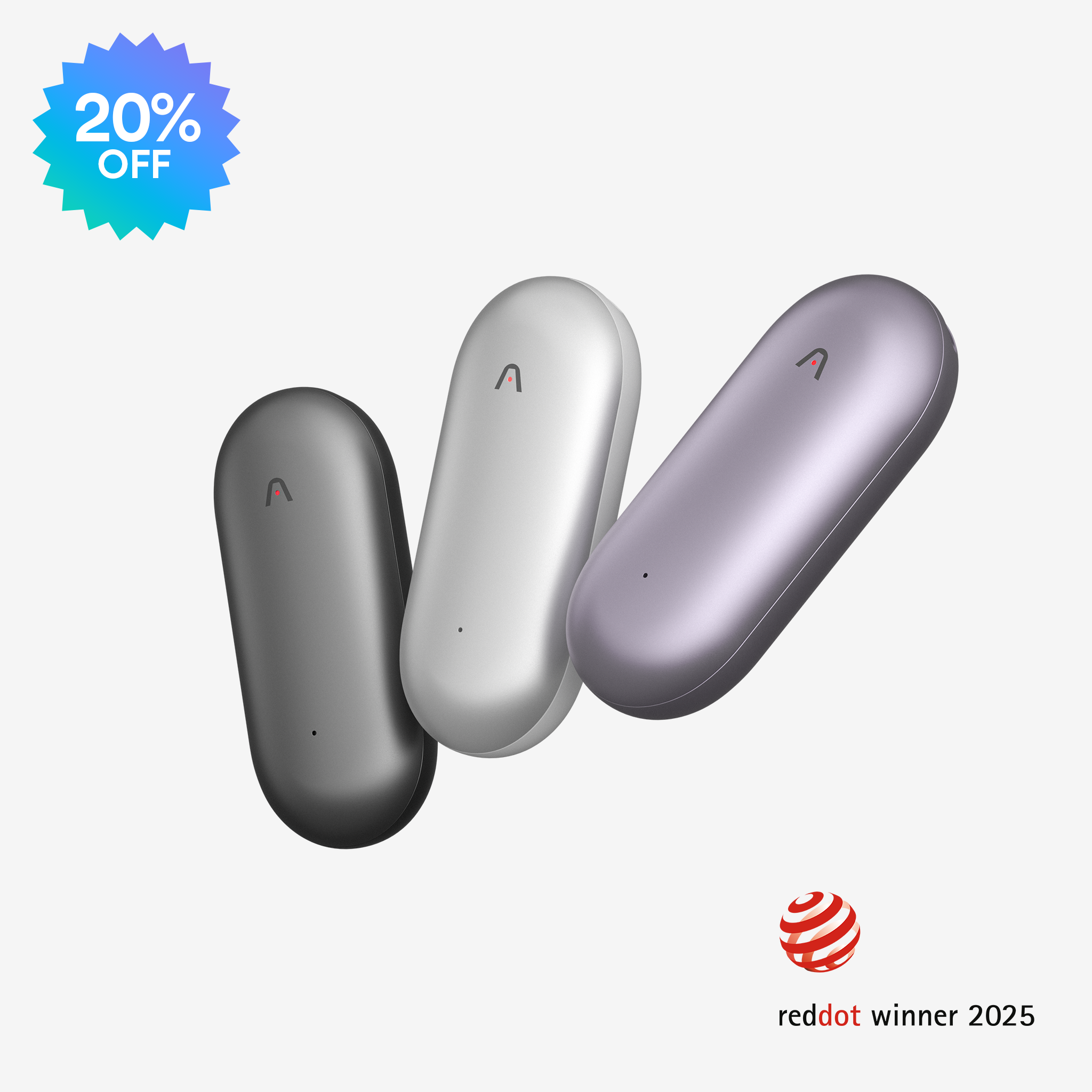Three PLAUD NotePin AI recorders in different colors with a 20% off badge and Red Dot winner 2025 logo.