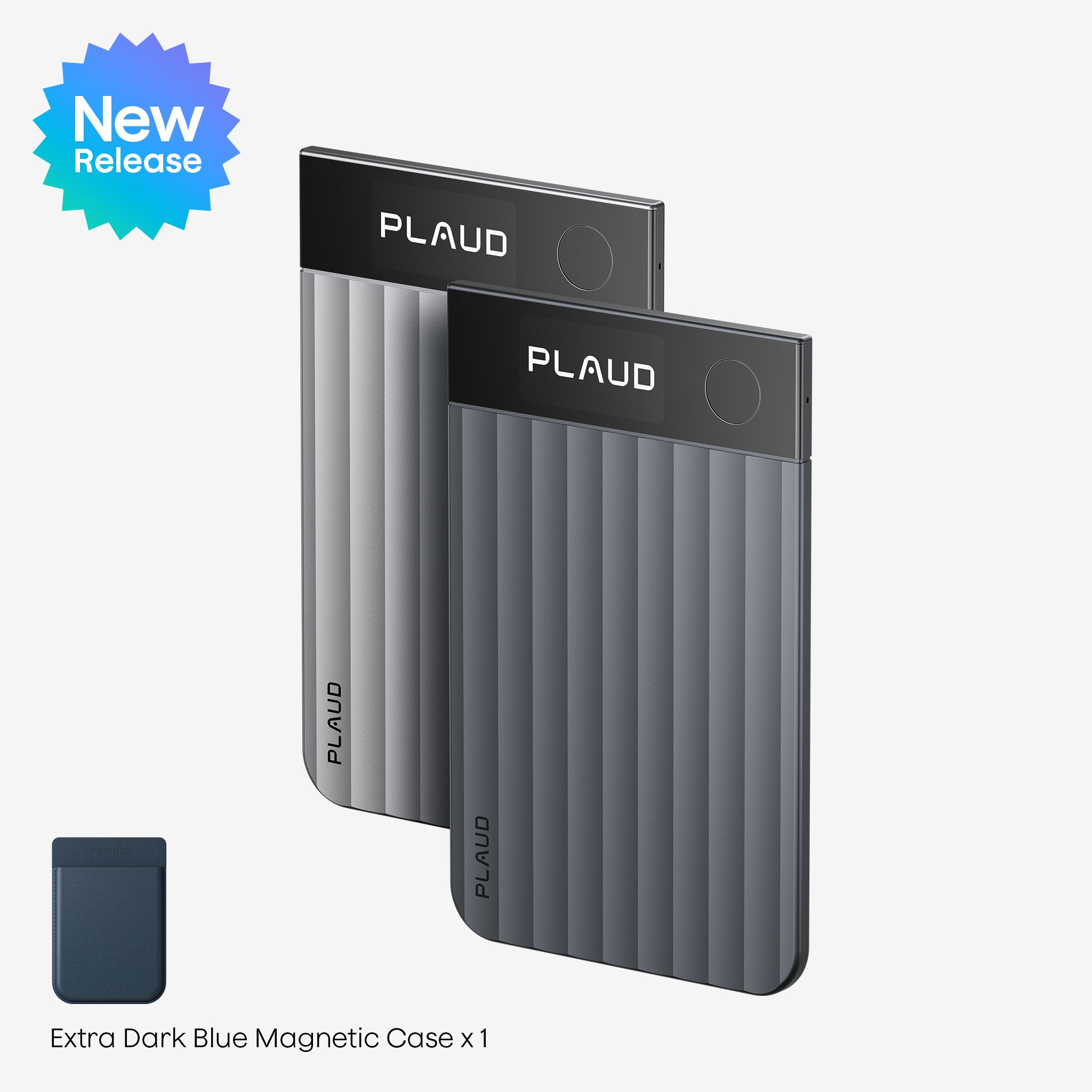 Two PLAUD NOTE AI voice recorders with a New Release badge and one extra dark blue magnetic case.