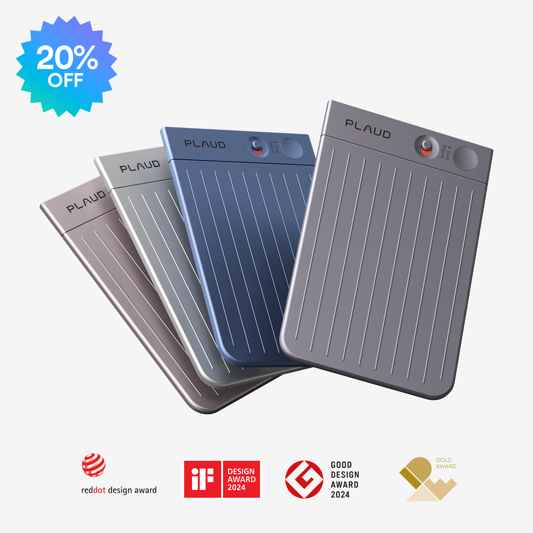 Four PLAUD NOTE AI voice recorders in various colors with a 20% off badge and multiple design award logos.