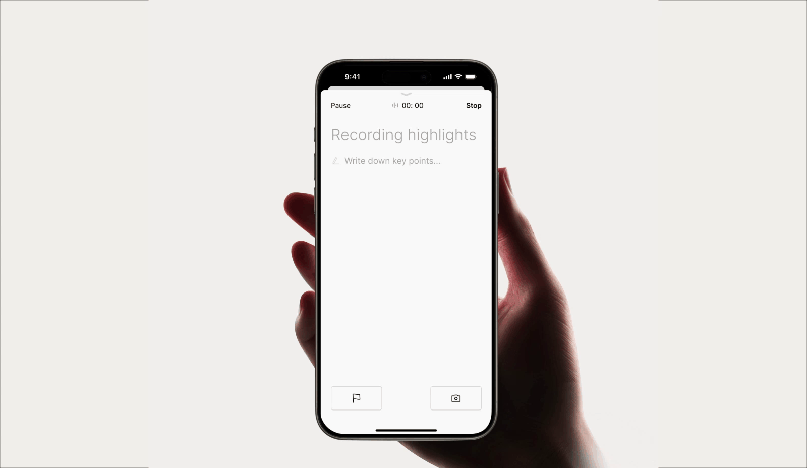 Smartphone displaying the Plaud app interface for capturing recording highlights and key points.