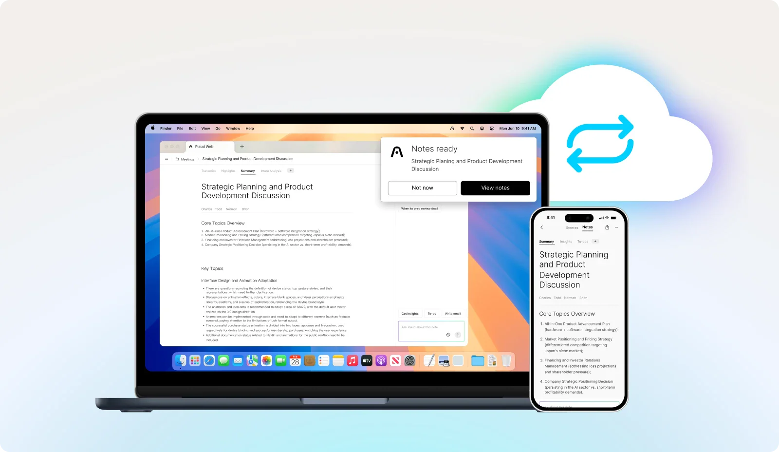Plaud Intelligence syncing meeting notes and summaries across a laptop and smartphone via the cloud.