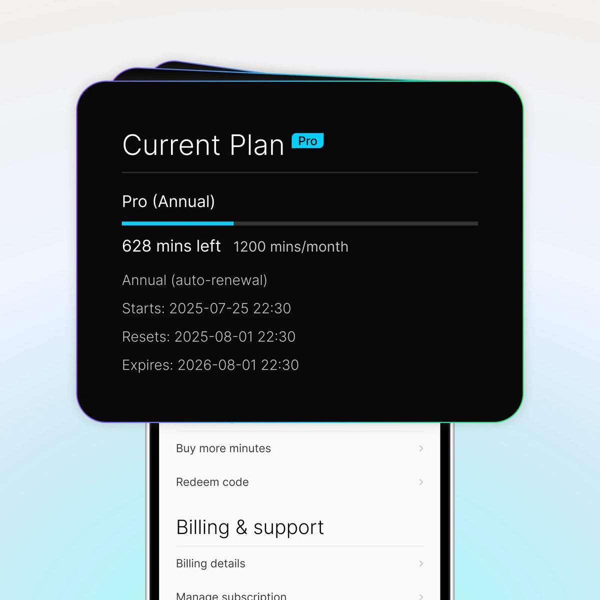 Plaud app UI displaying Pro Annual subscription status, showing 628 minutes left of a 1200 monthly limit.