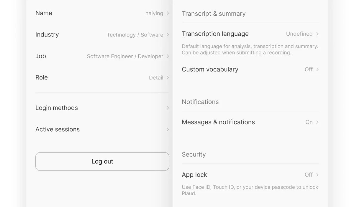 Plaud app settings interface showing profile details, transcription language, and security app lock features.