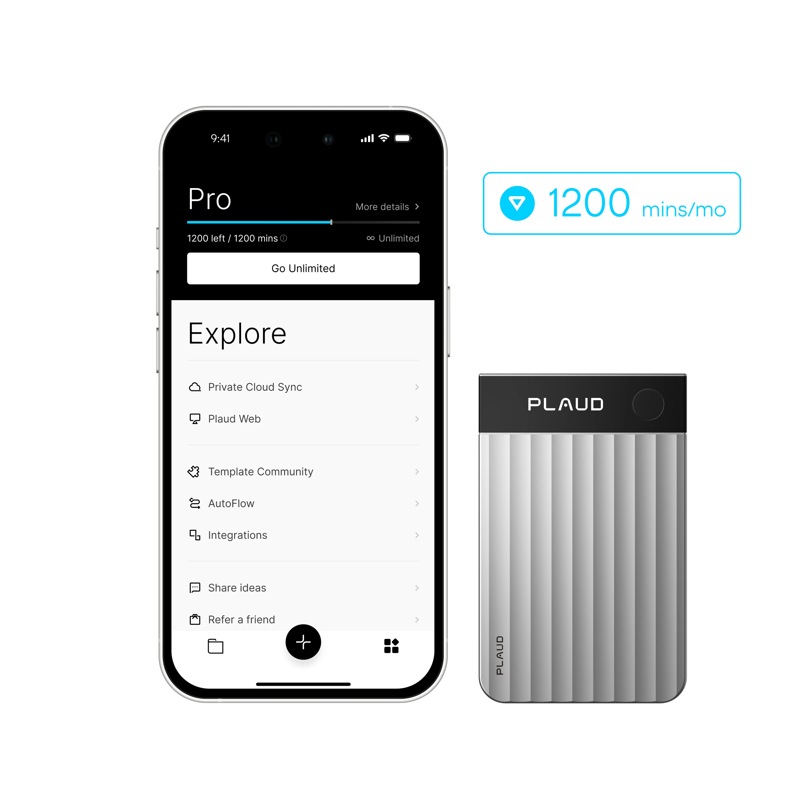 Plaud Note recorder with the Plaud app displaying the Pro plan's 1200 monthly transcription minutes.