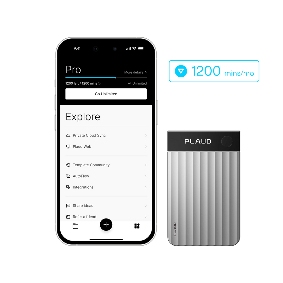 Plaud Note recorder with the Plaud app displaying the Pro plan's 1200 monthly transcription minutes.