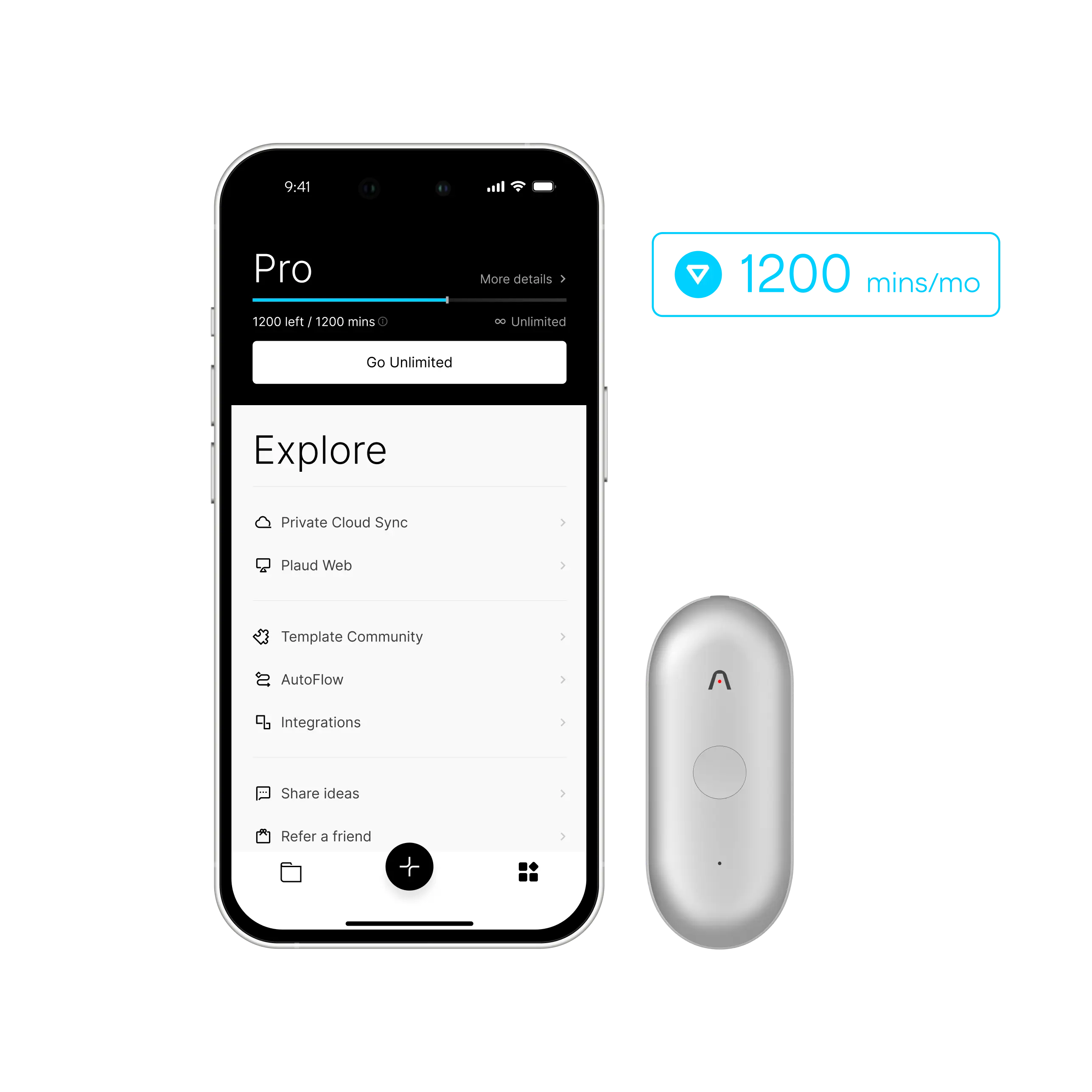 Plaud NotePin with the Plaud app showing the Pro plan's 1200 minutes per month transcription limit.