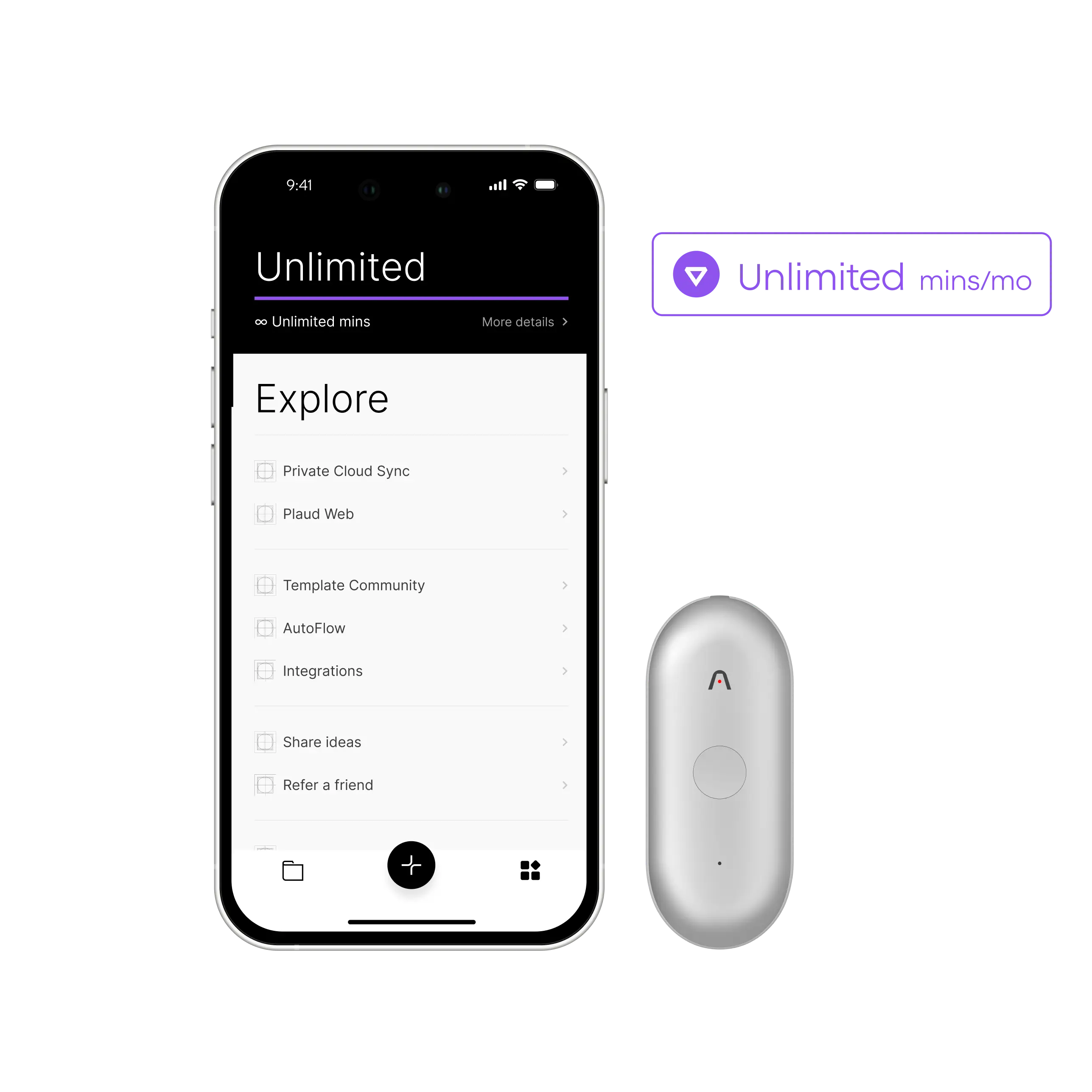 Plaud NotePin next to a smartphone showing the Plaud app with Unlimited minutes per month plan features.