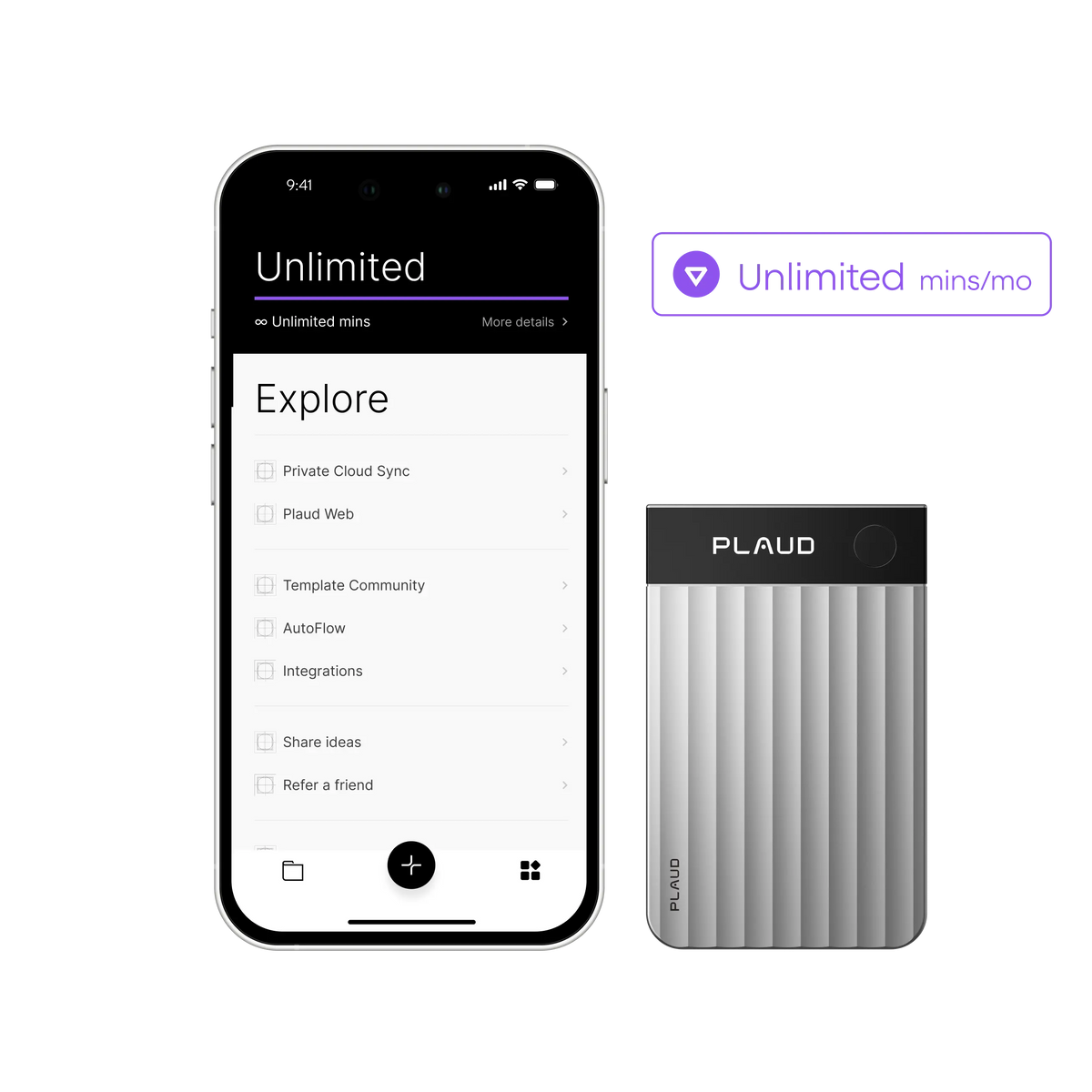 Plaud Note device and app showing the Plaud Intelligence plan with unlimited recording minutes per month.