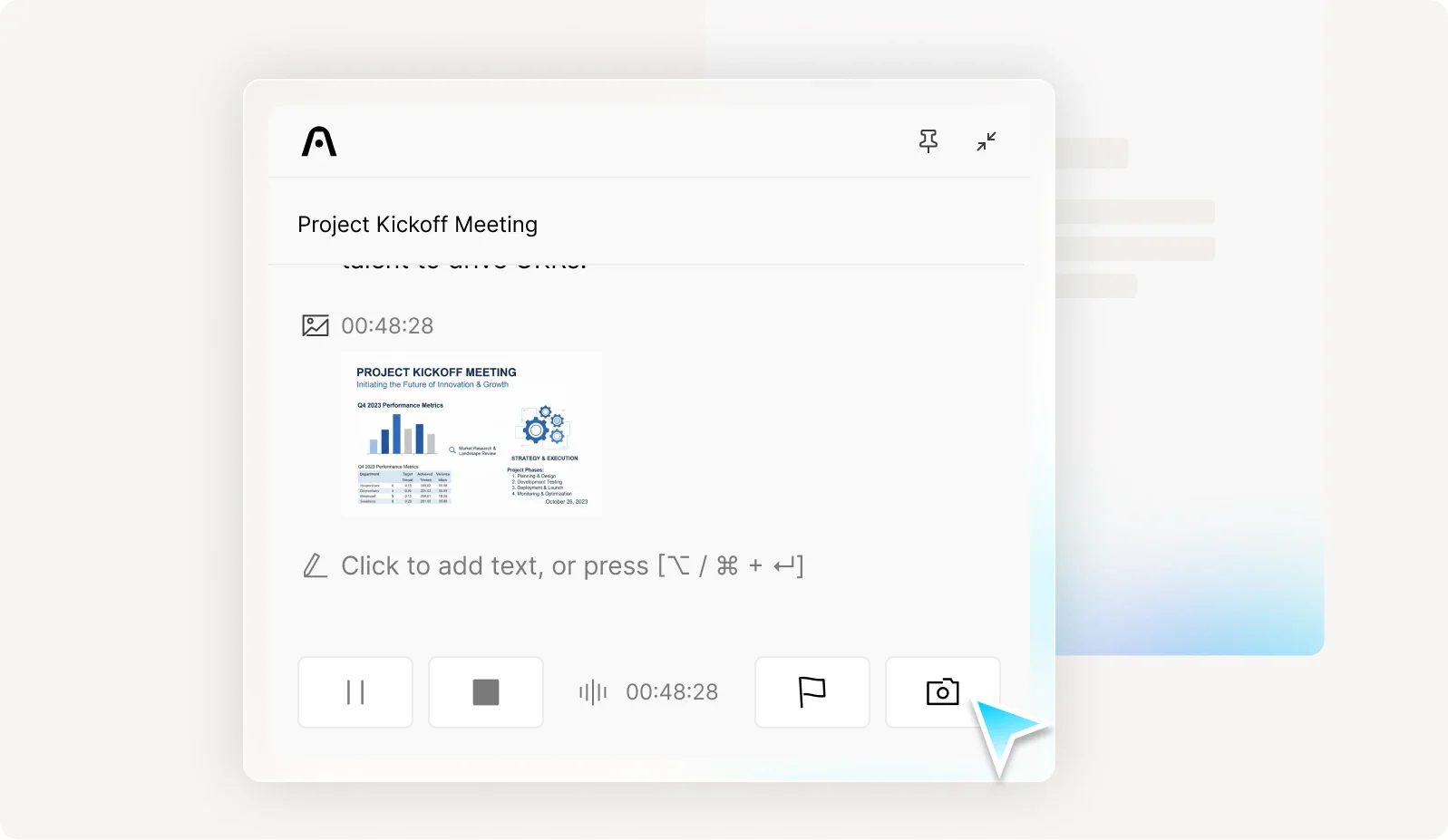 Plaud Intelligence interface showing a meeting note with a captured presentation slide and recording controls.