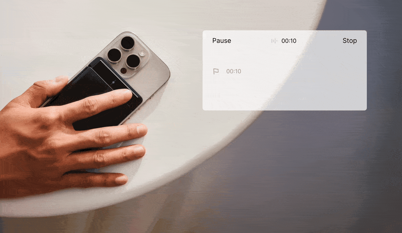 Hand using a Plaud Note on an iPhone with a recording UI overlay showing a 10-second timer.