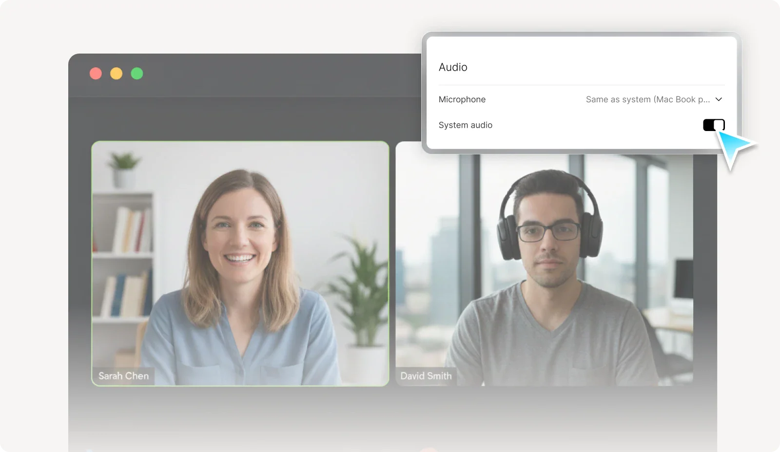 Plaud software UI showing a video call with the system audio recording feature being enabled.