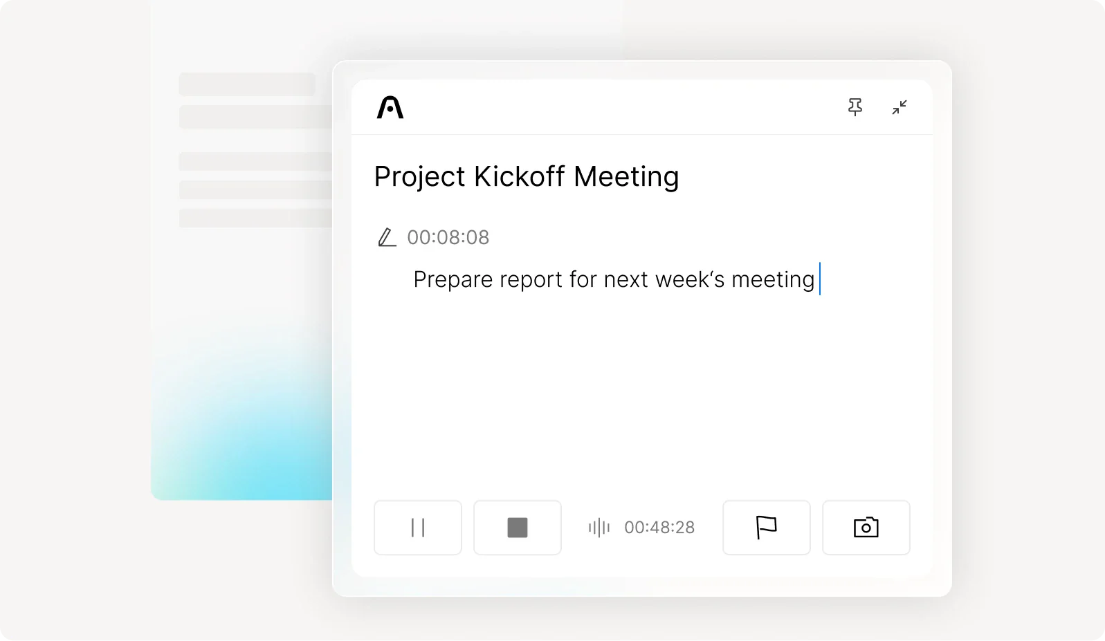 Plaud app interface showing real-time note-taking during a Project Kickoff Meeting recording.