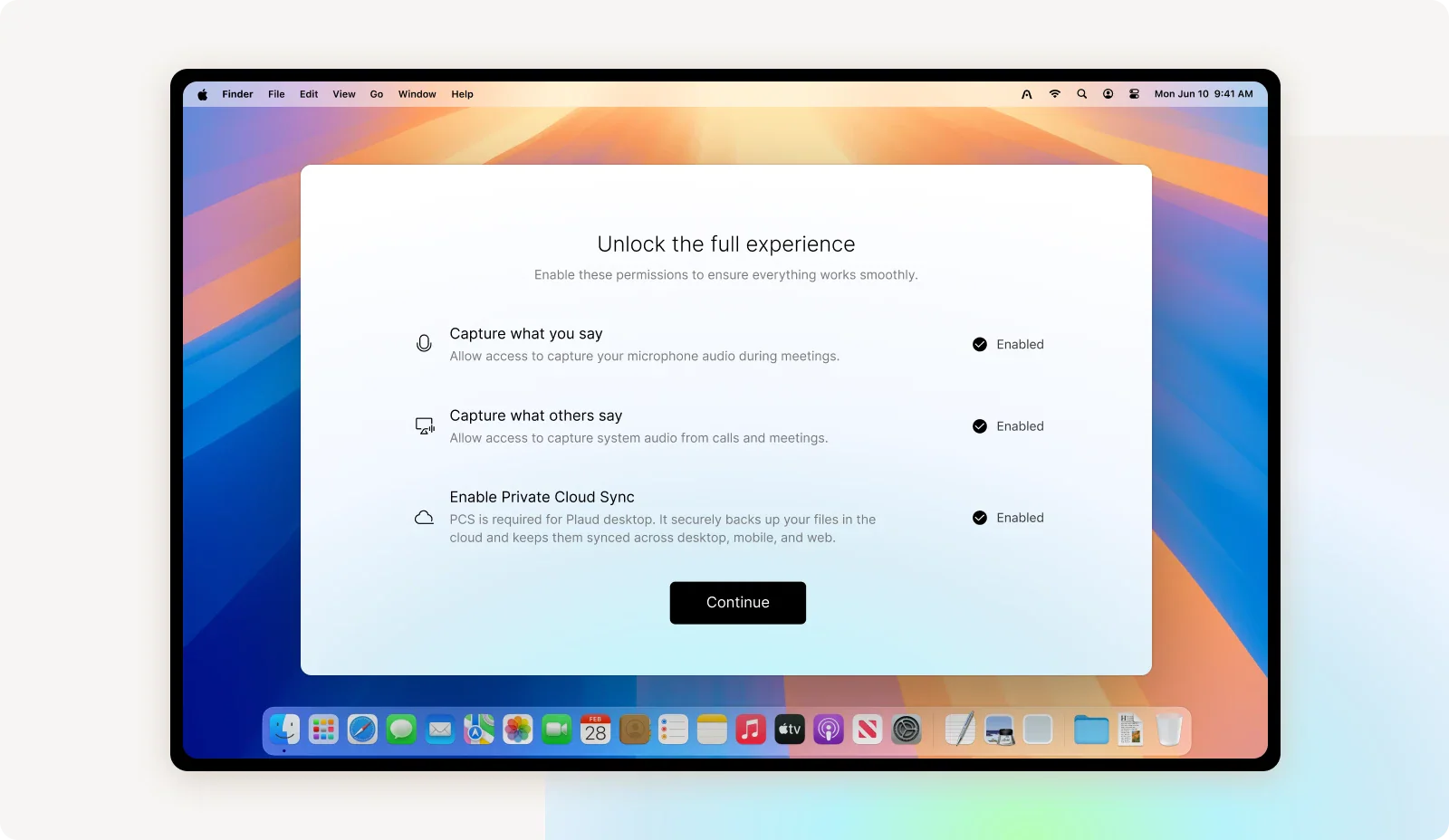 Plaud desktop app setup screen with microphone, system audio, and Private Cloud Sync permissions enabled.