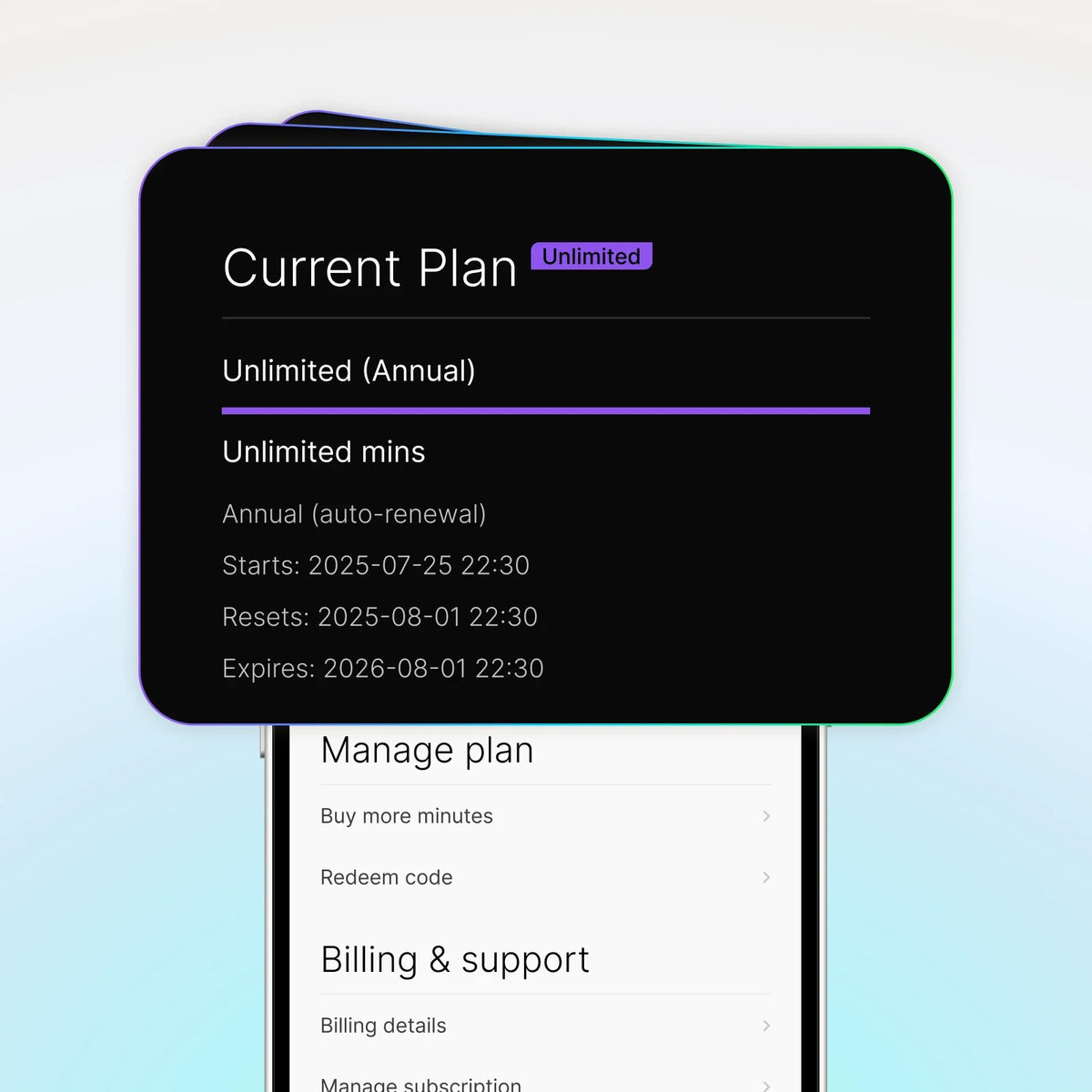 Plaud app interface showing the Unlimited Annual plan with unlimited minutes and subscription management options.