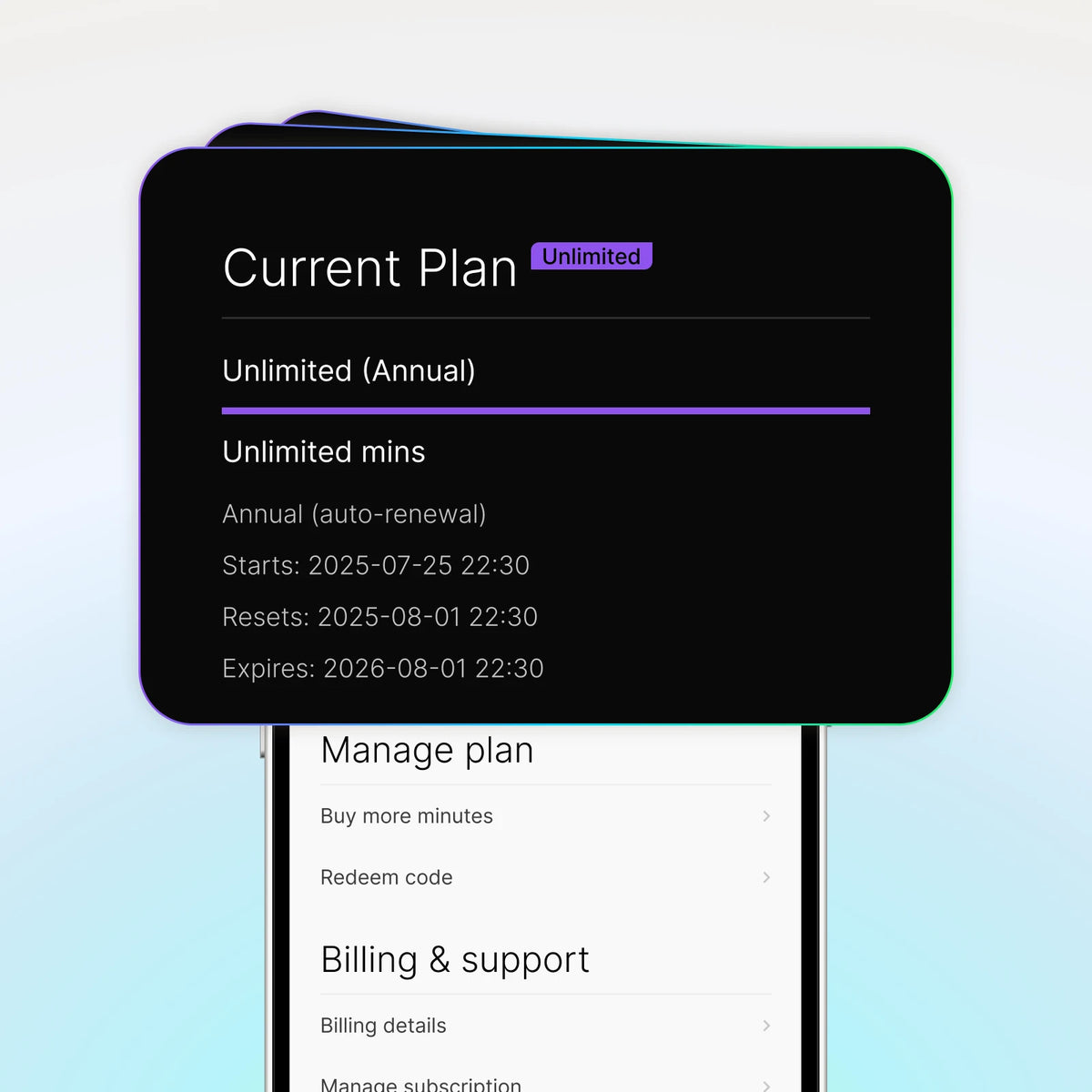 Plaud Intelligence app interface showing an Unlimited Annual plan with unlimited minutes and subscription details.