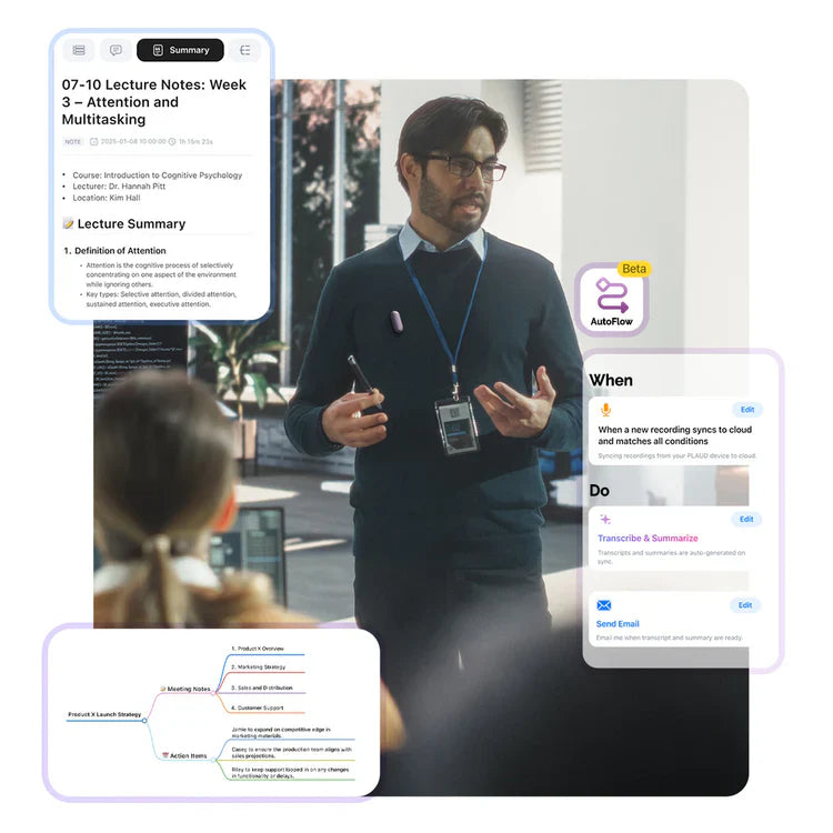 A man wearing a PLAUD NotePin during a lecture, with UI showing automated summaries and workflows.