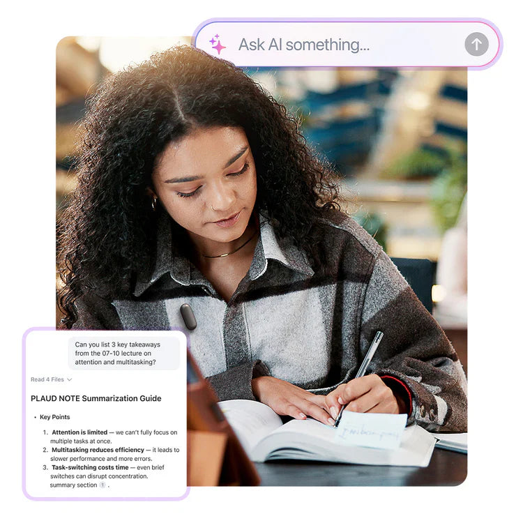 Student wearing Plaud NotePin uses AI summarization and 'Ask AI' to review key takeaways from a lecture.