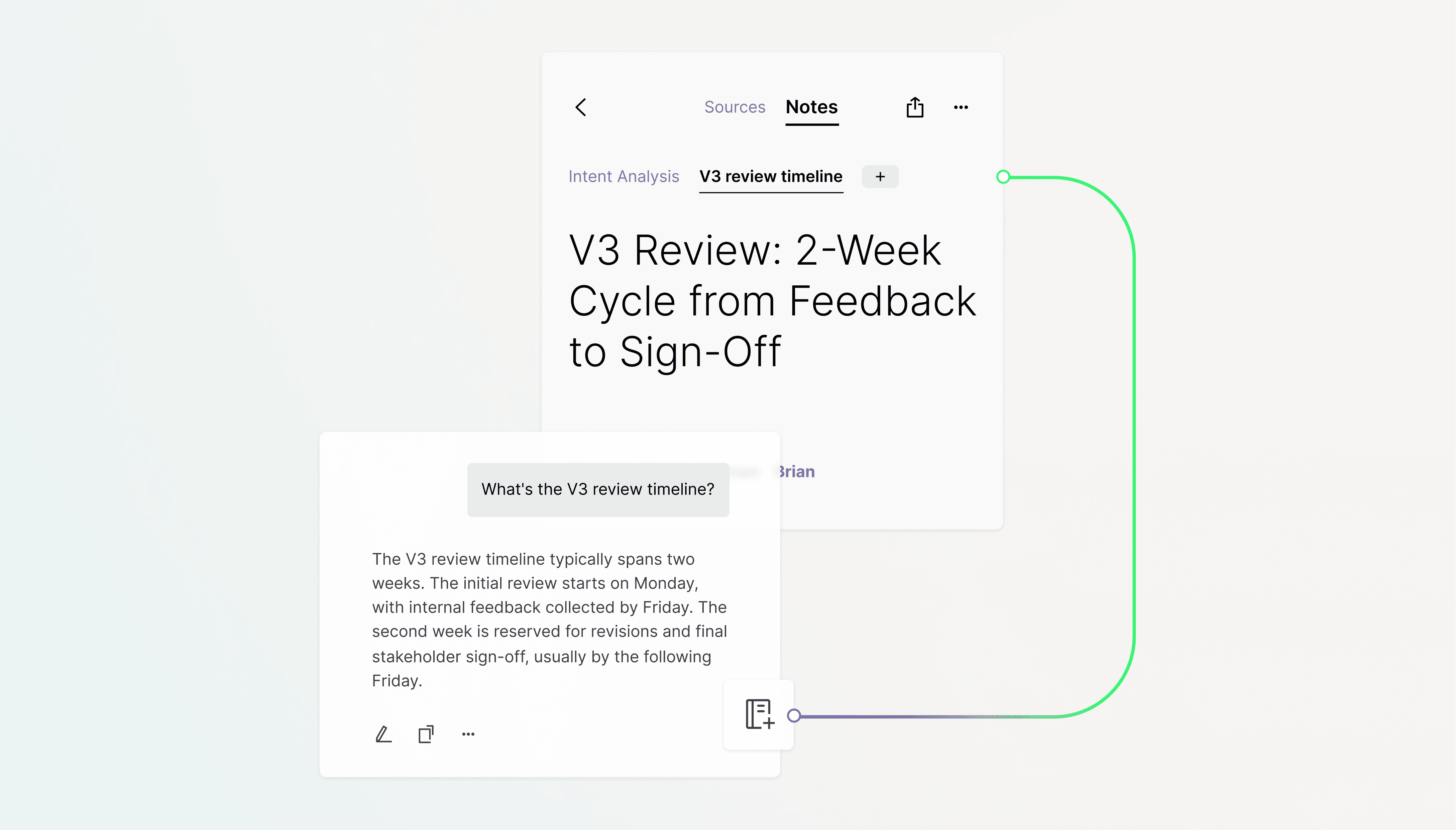 Plaud AI app interface showing a V3 review timeline note and an AI chat summary of the two-week cycle.