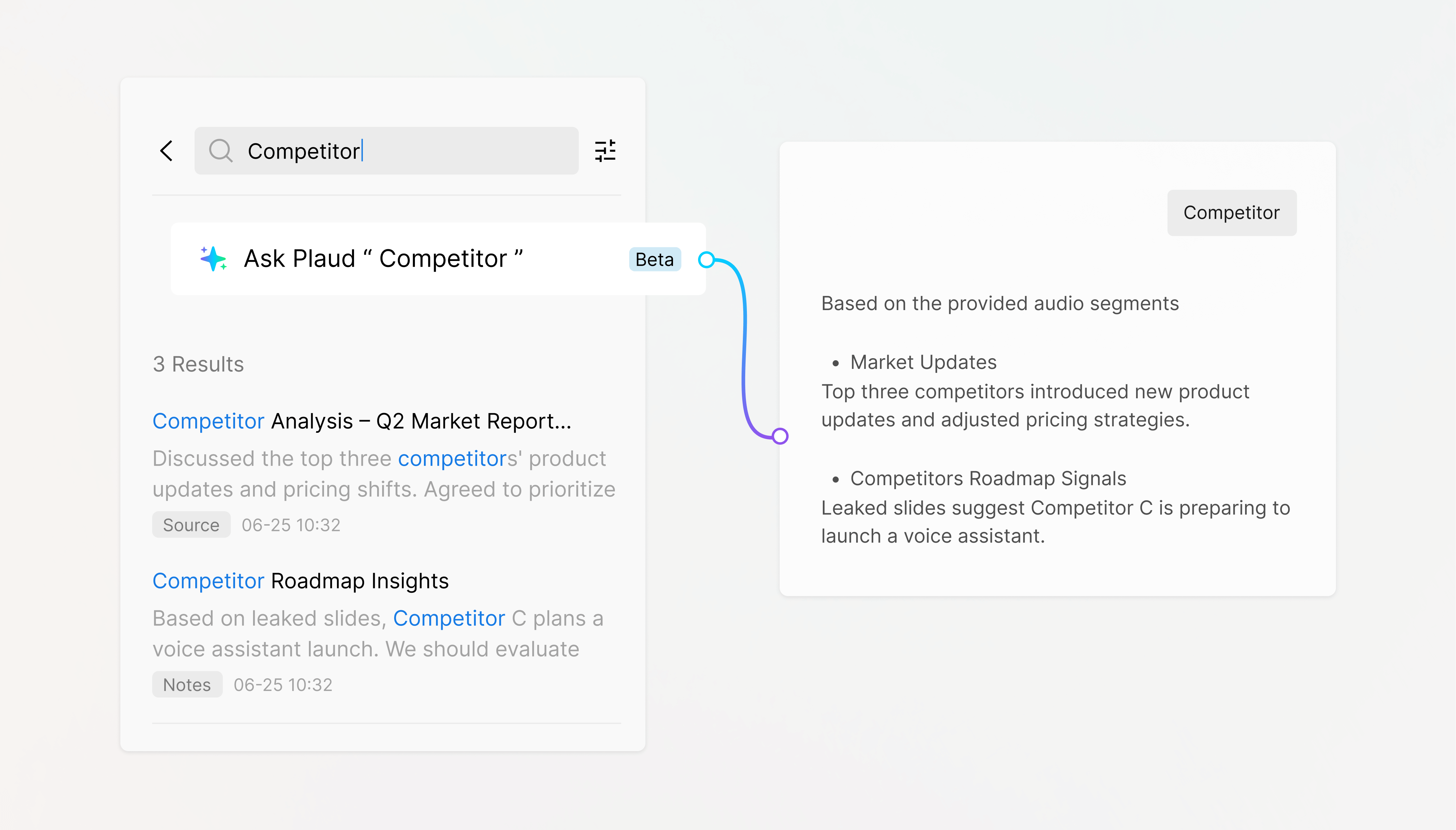 Ask Plaud AI feature summarizing search results for 'Competitor' from recorded audio segments.