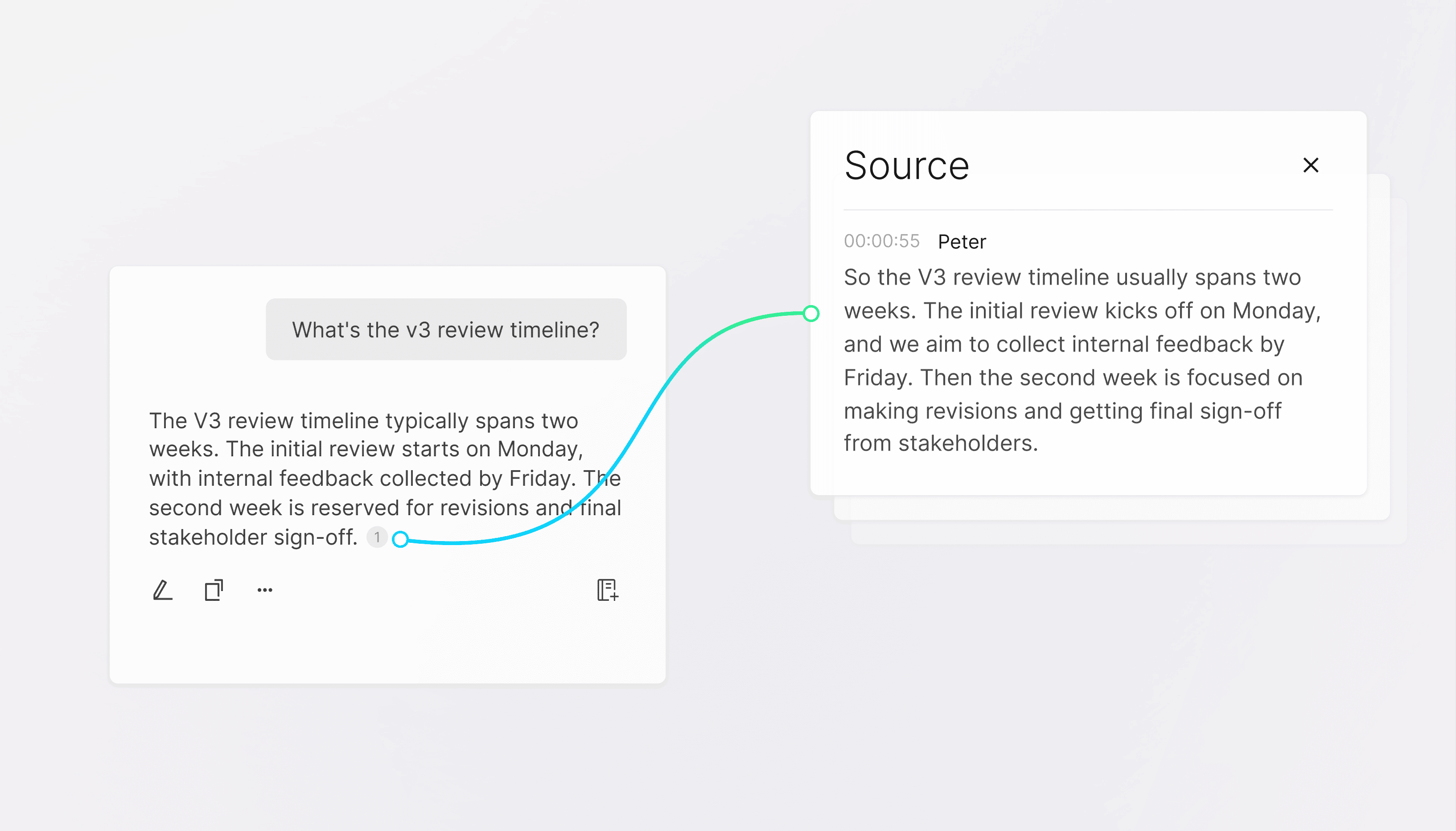 PLAUD app UI showing an AI-generated answer linked directly to its source in the audio transcript.