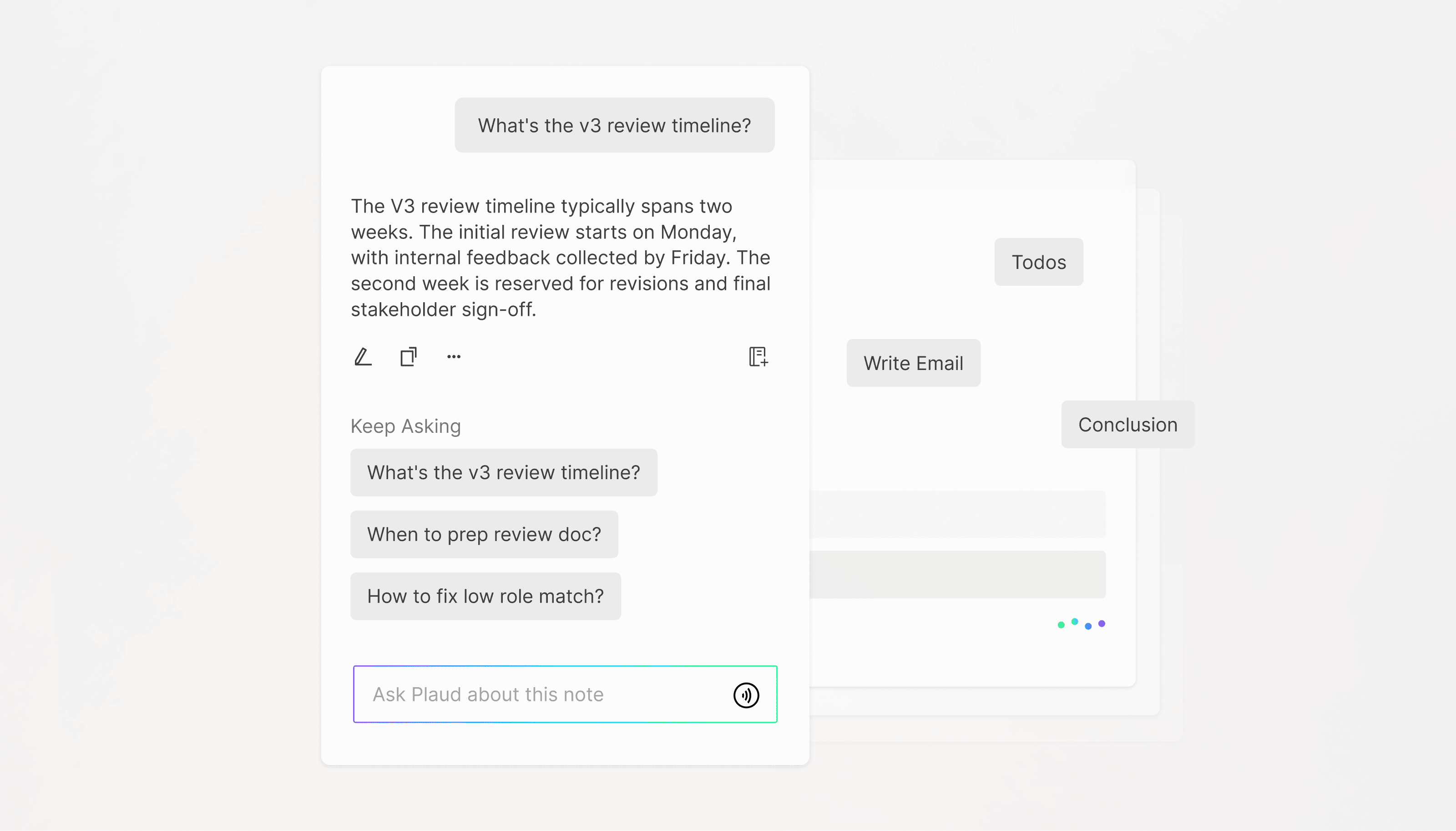 Plaud AI interface showing a chat about a project timeline with suggested follow-up questions.