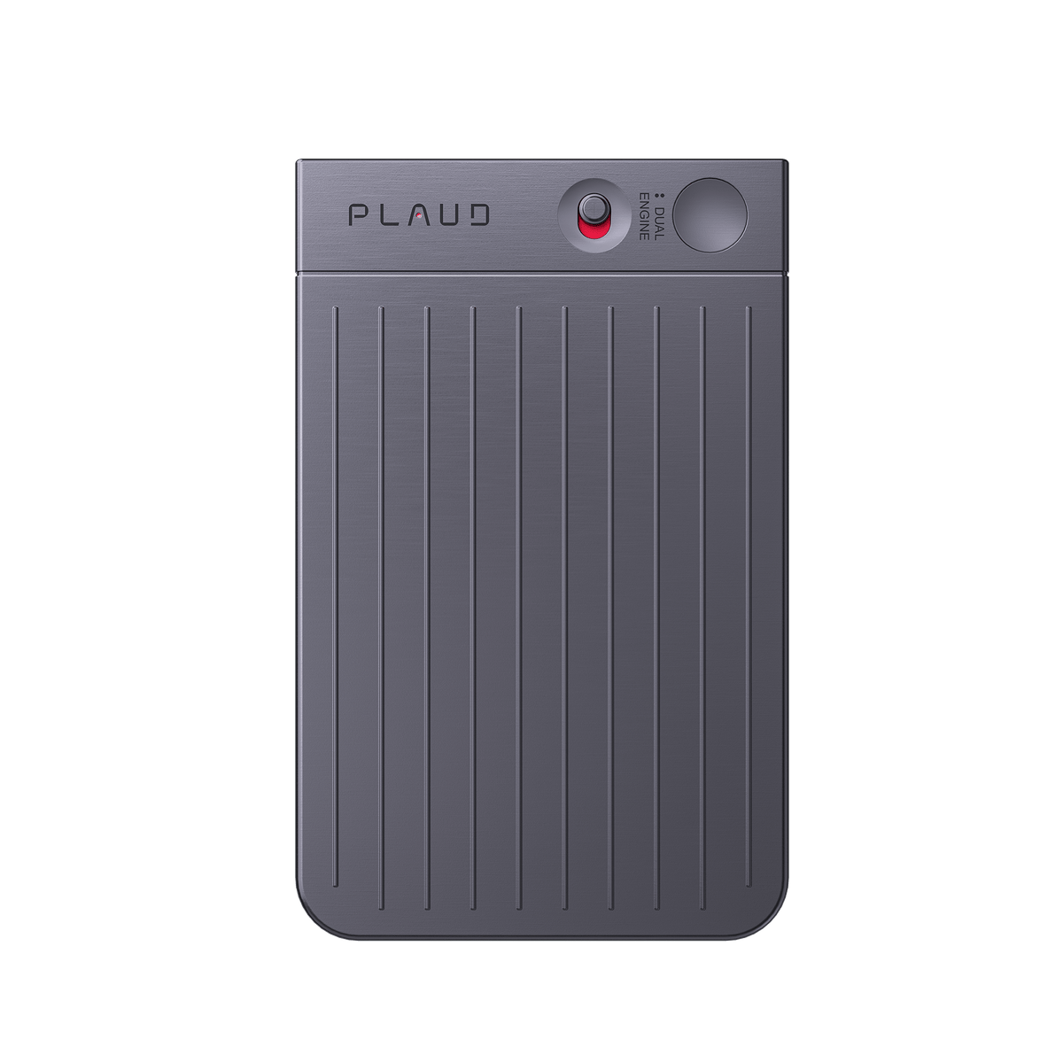 Front view of the Plaud Note AI voice recorder in gray, showing the recording button and dual-engine switch.