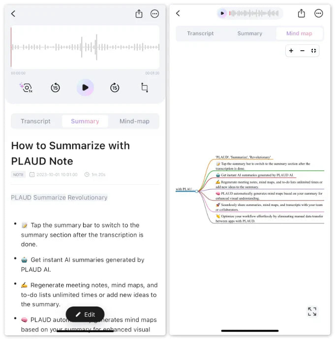 PLAUD Note app UI showing an AI-generated summary and a visual mind map for efficient note-taking.